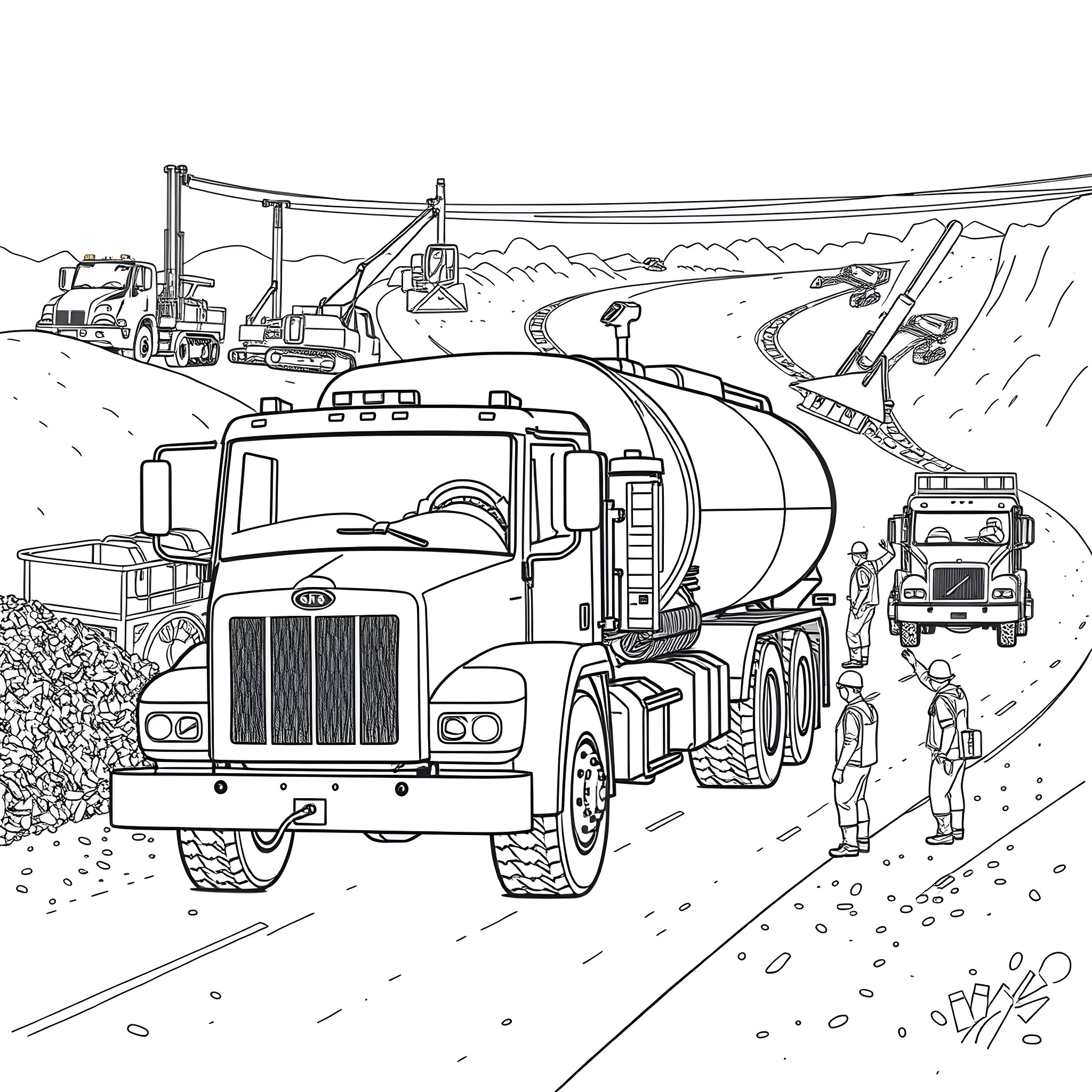 Water Truck Transporting Water in a Construction Site Coloring Page (free black-and-white line drawing printable PDF for all, from beginners to advanced learners, including children, teens, adults, and seniors)