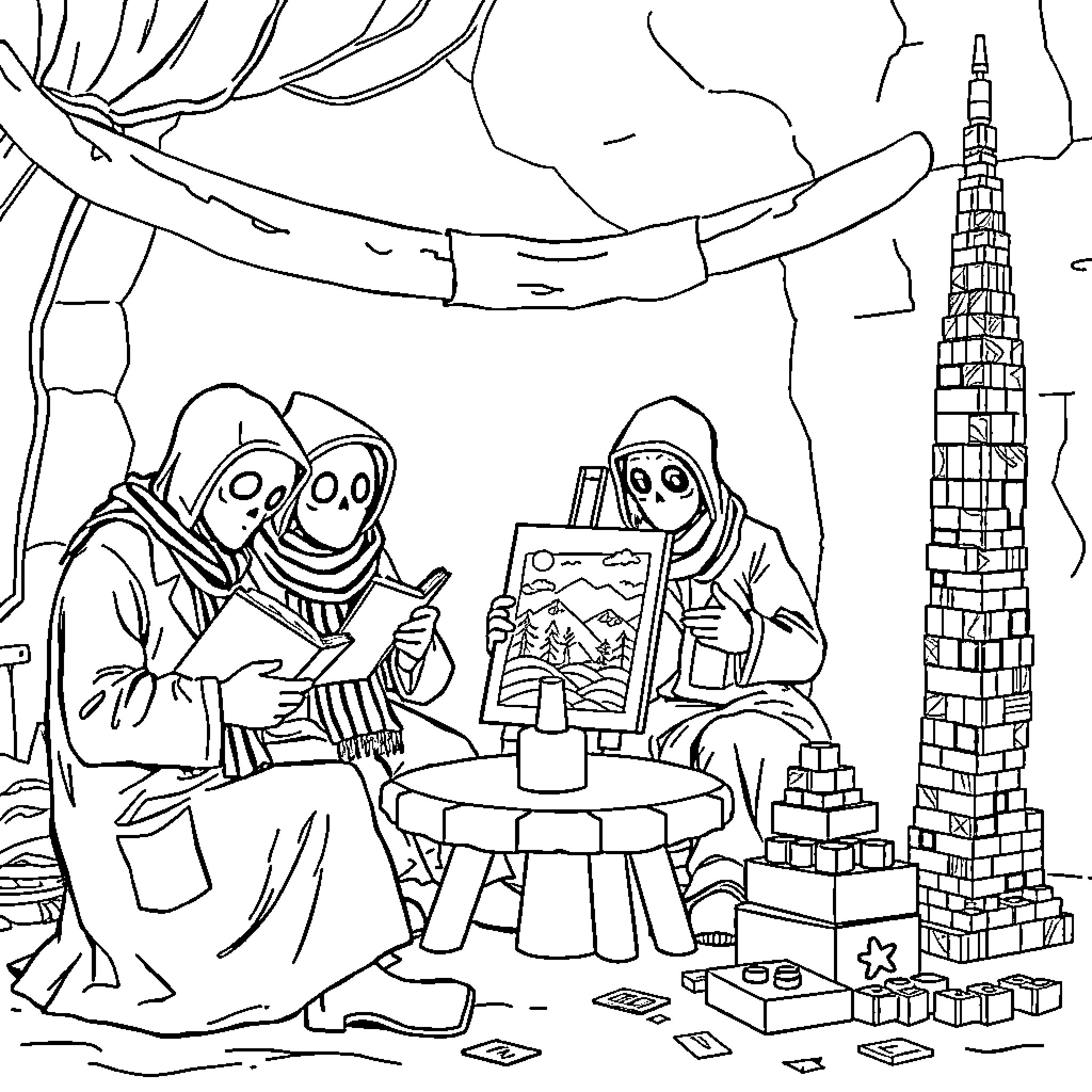 Plague Doctor's Mysterious Encounter in the Surreal Landscape Coloring Page (free black-and-white line drawing printable PDF for all, from beginners to advanced learners, including children, teens, adults, and seniors)