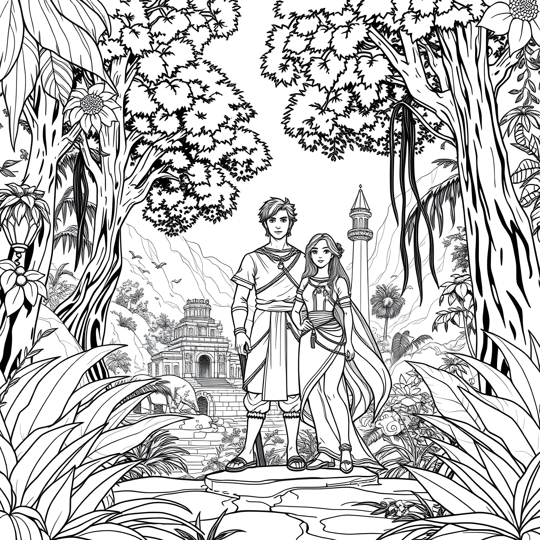 Raya and the Dragon Warrior in a Mystical Forest Coloring Page (free black-and-white line drawing printable PDF for all, from beginners to advanced learners, including children, teens, adults, and seniors)