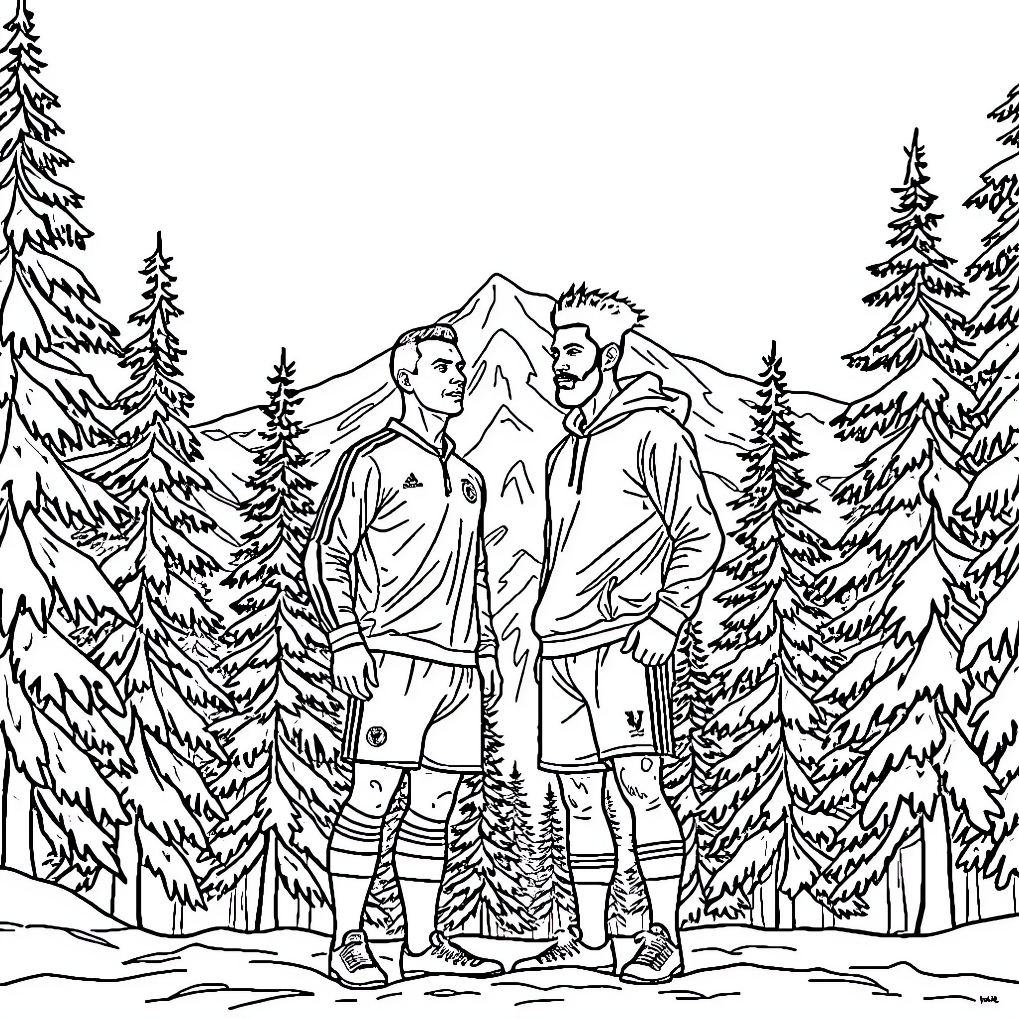 Ronaldo and friend hiking in the mountains Coloring Page (free black-and-white line drawing printable PDF for all, from beginners to advanced learners, including children, teens, adults, and seniors)