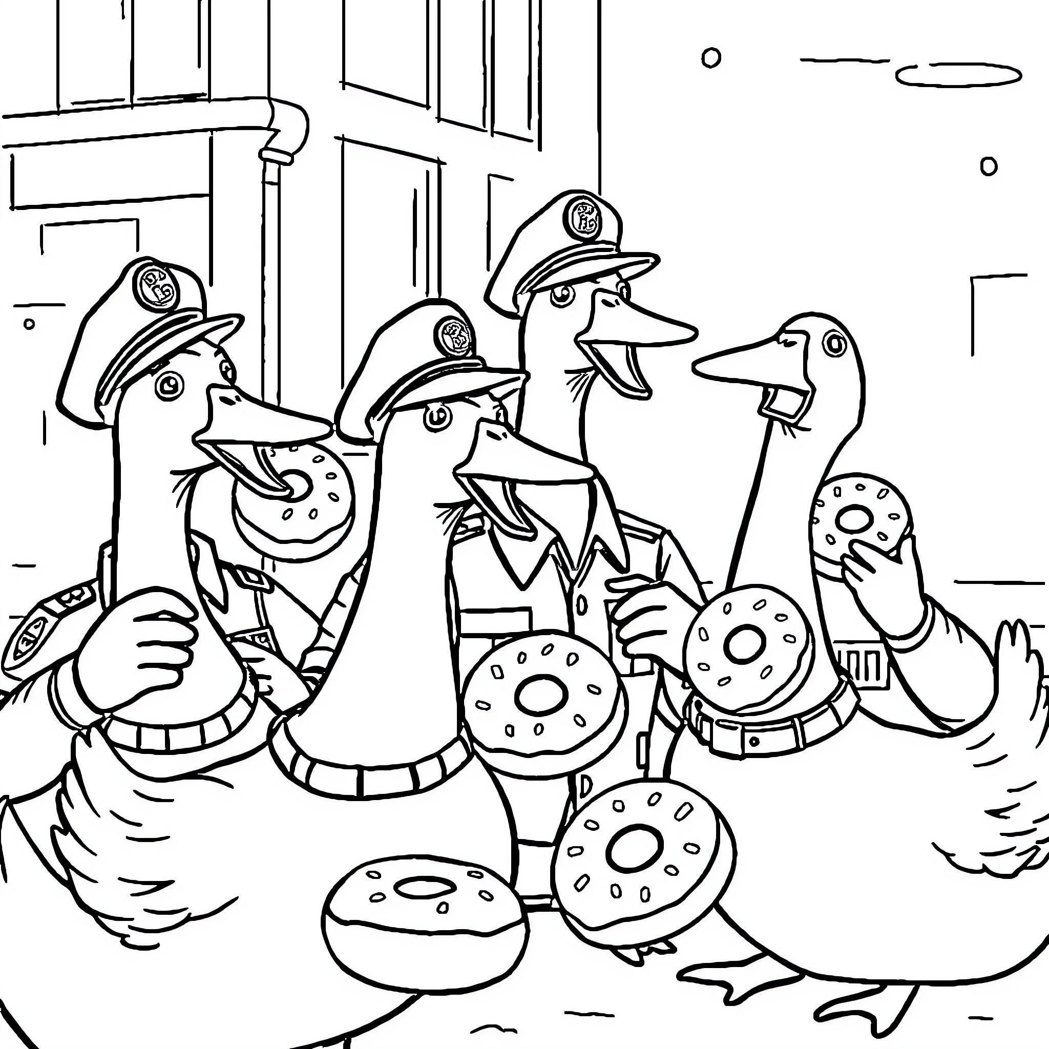 Goose Officers Protecting Their Doughnuts Coloring Page (free black-and-white line drawing printable PDF for all, from beginners to advanced learners, including children, teens, adults, and seniors)