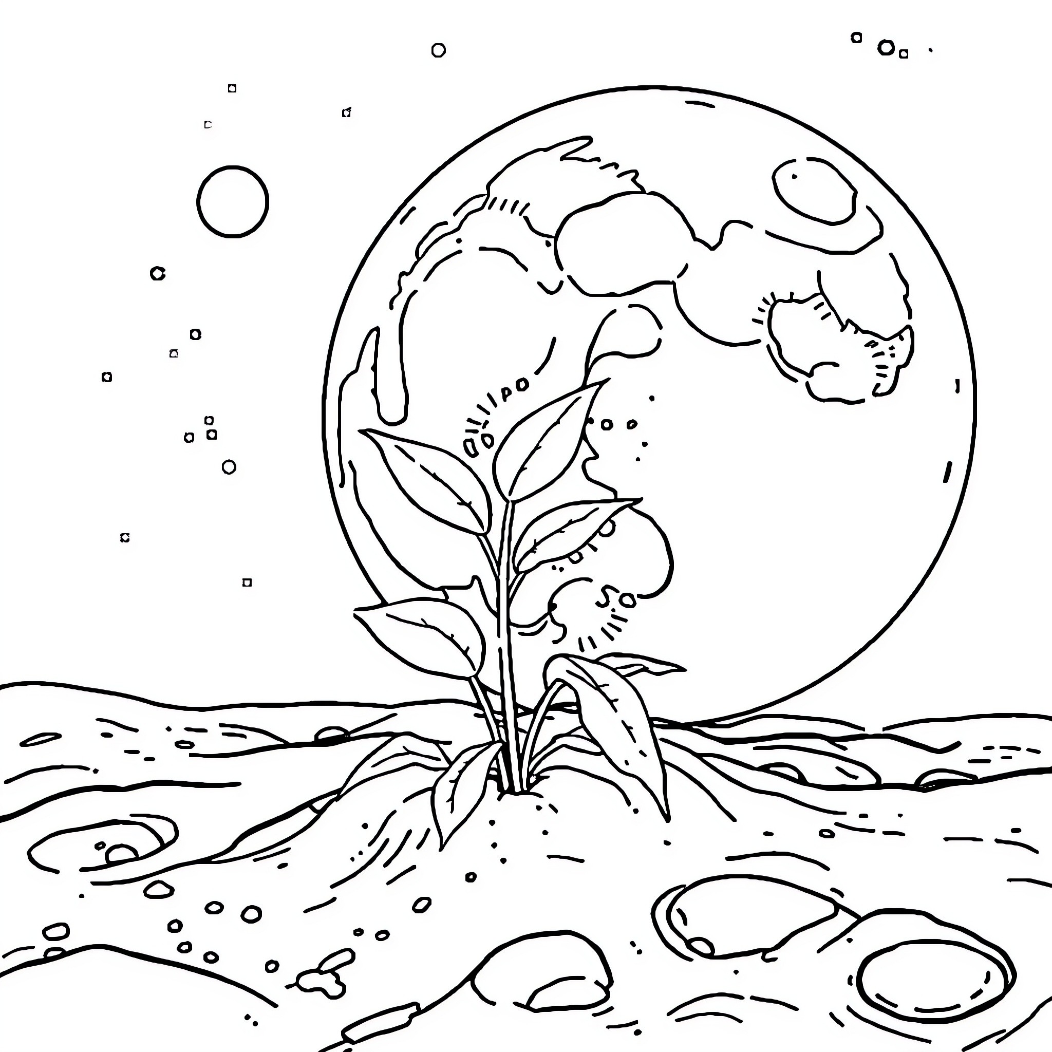Weed growing amidst rocky landscape under the moon Coloring Page (free black-and-white line drawing printable PDF for all, from beginners to advanced learners, including children, teens, adults, and seniors)