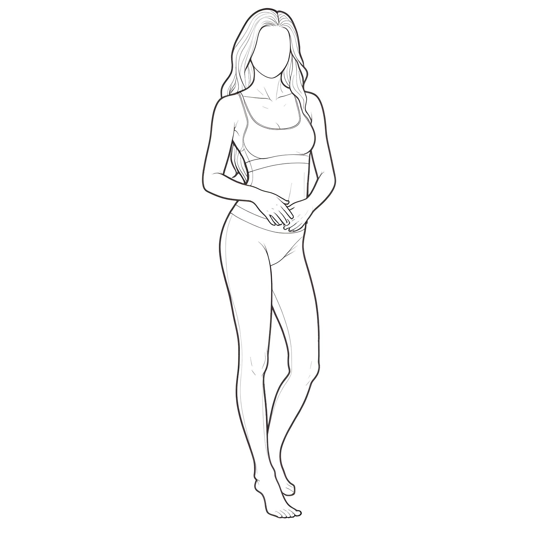 Woman in athletic outfit standing confidently Coloring Page (free black-and-white line drawing printable PDF for all, from beginners to advanced learners, including children, teens, adults, and seniors)