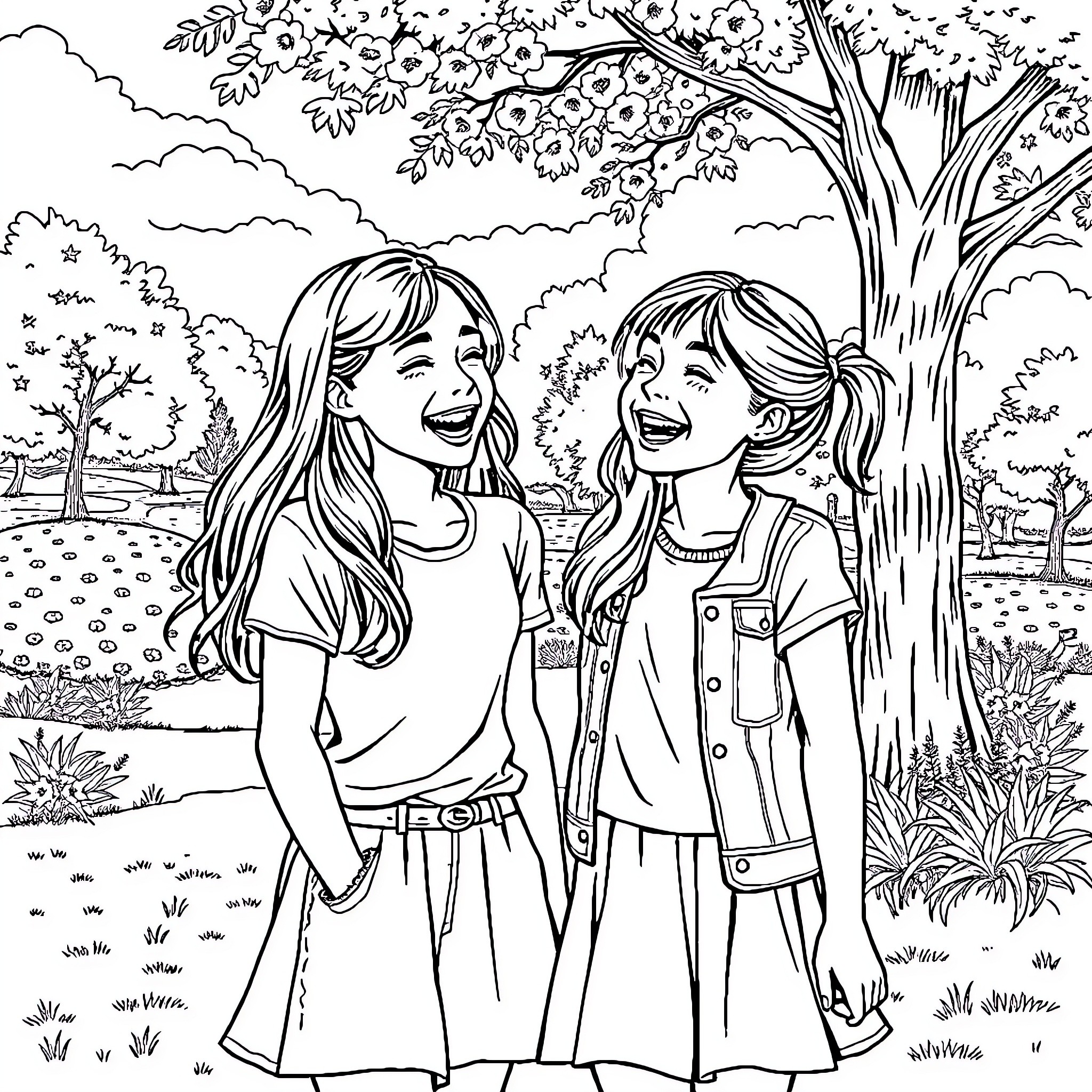 Girls enjoying a Sunny Day in the Park Coloring Page (free black-and-white line drawing printable PDF for all, from beginners to advanced learners, including children, teens, adults, and seniors)