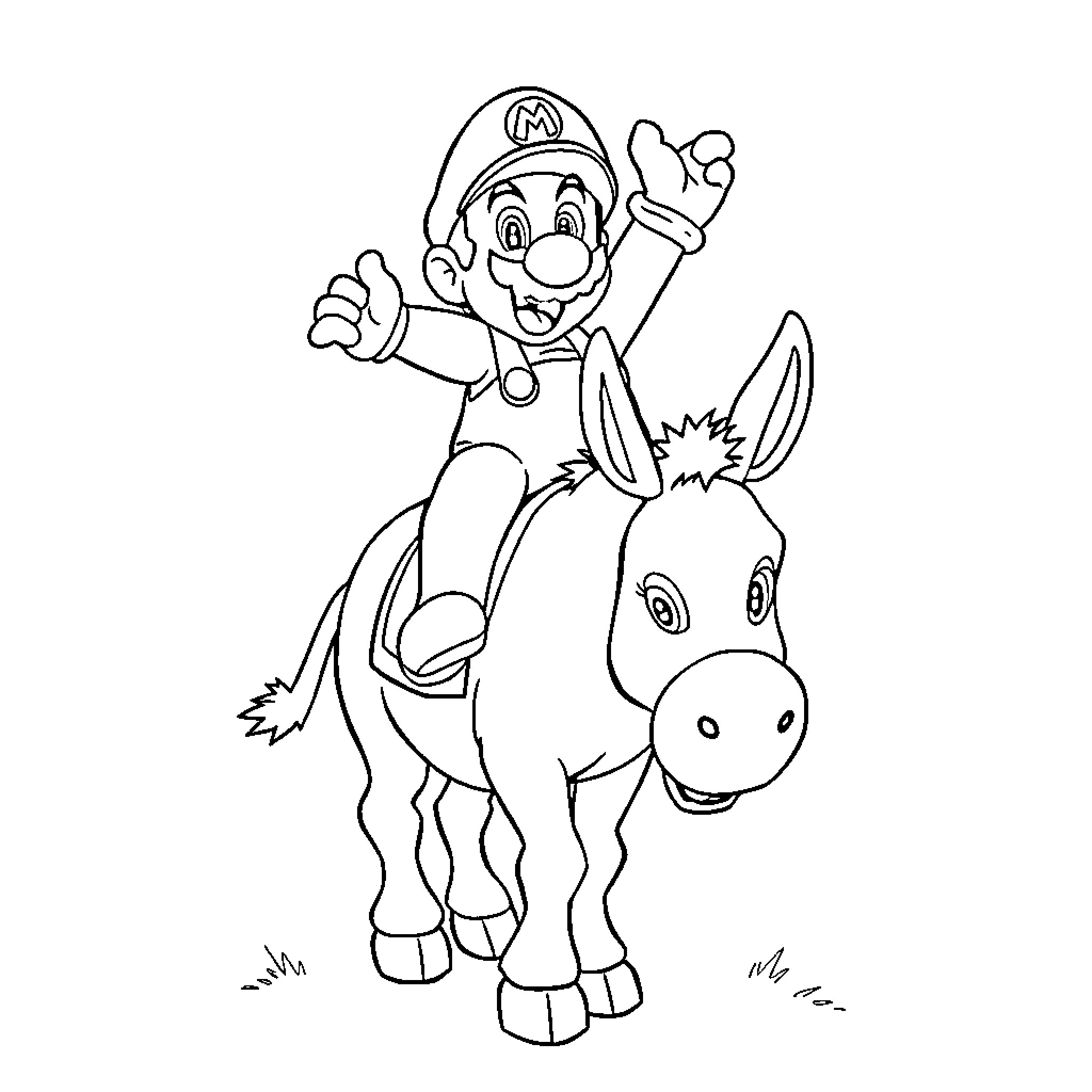 Super Mario riding a joyful donkey Coloring Page (free black-and-white line drawing printable PDF for all, from beginners to advanced learners, including children, teens, adults, and seniors)