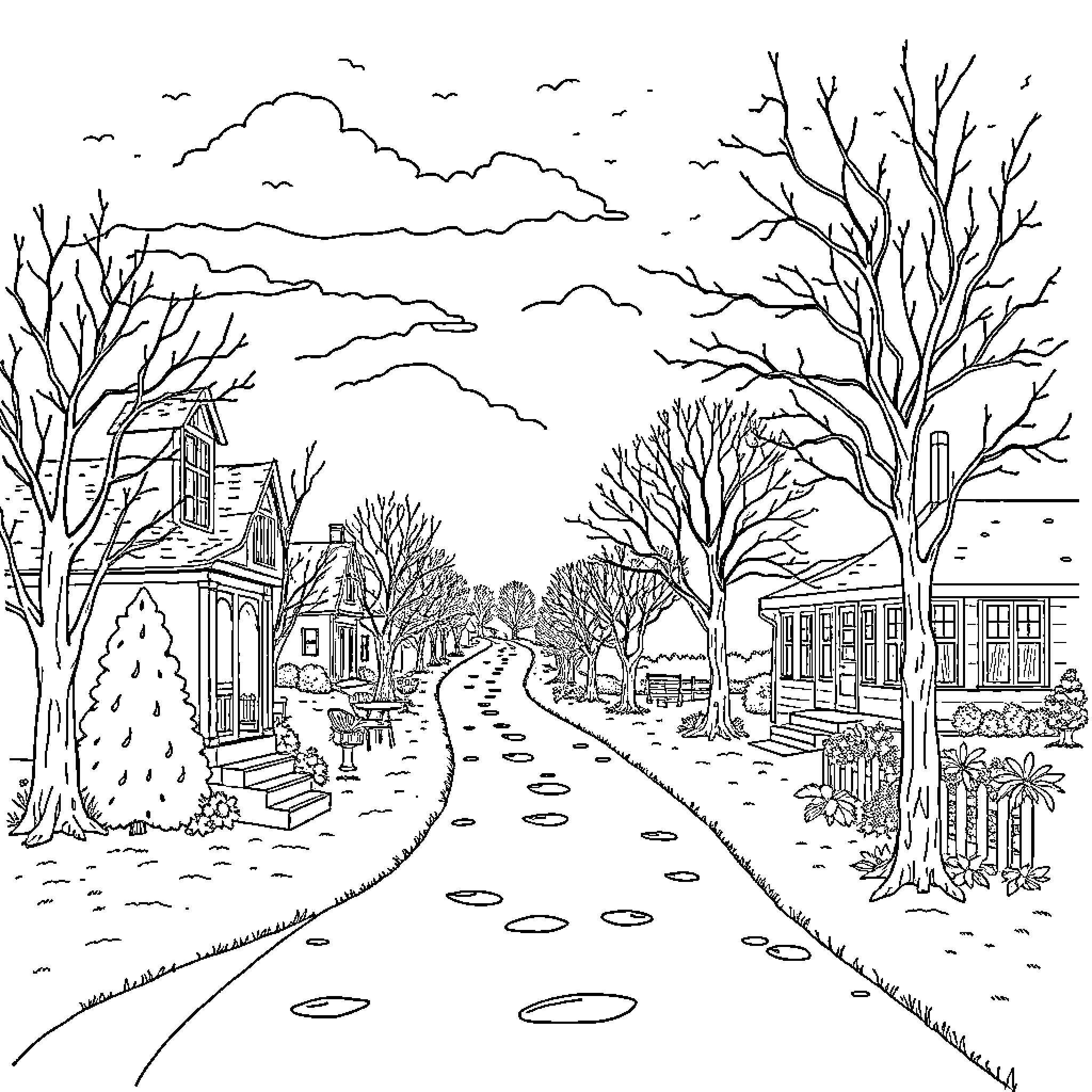 Year Bare Trees Line Quaint Winter Town Coloring Page (free black-and-white line drawing printable PDF for all, from beginners to advanced learners, including children, teens, adults, and seniors)