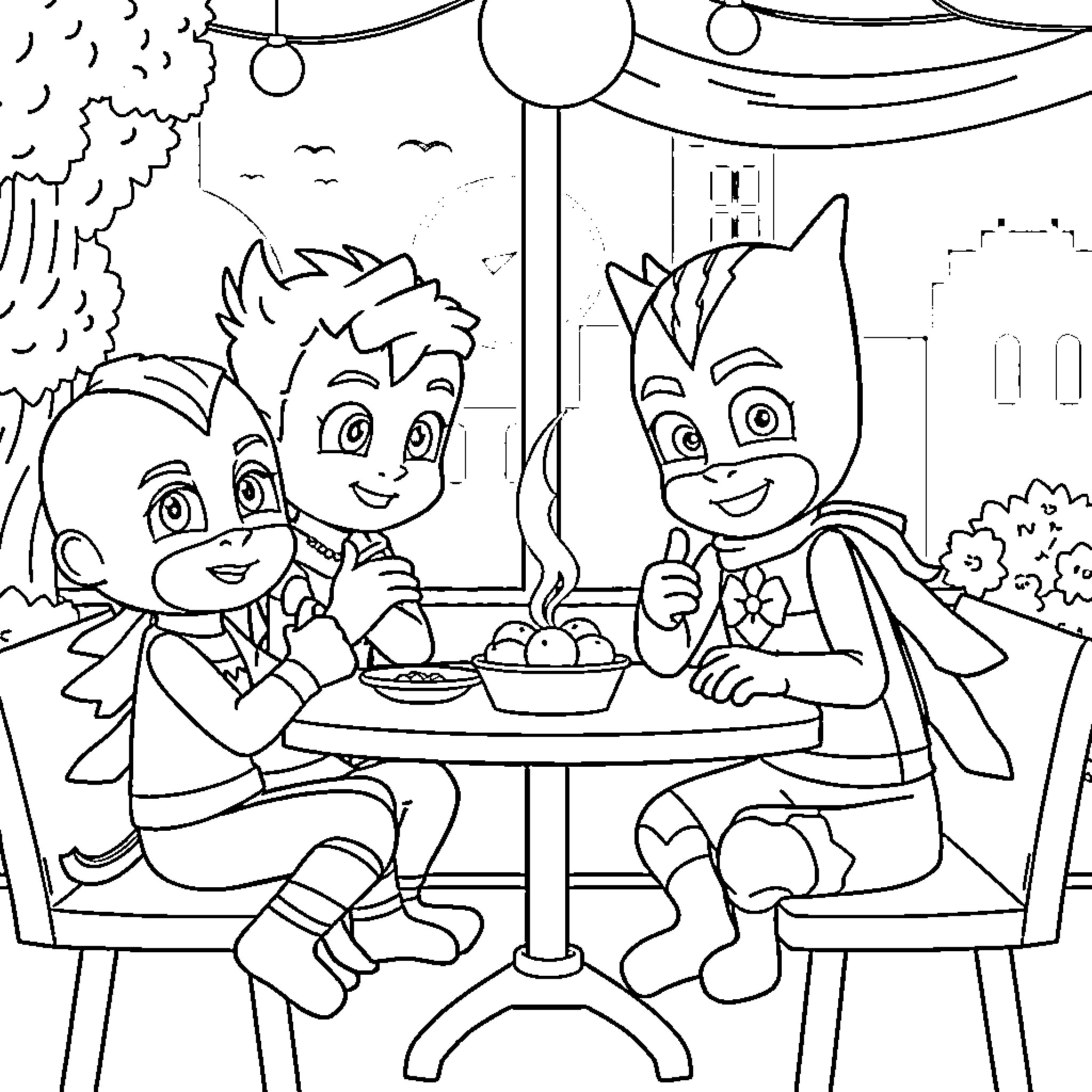 Pj Masks characters enjoying a meal together Coloring Page (free black-and-white line drawing printable PDF for all, from beginners to advanced learners, including children, teens, adults, and seniors)