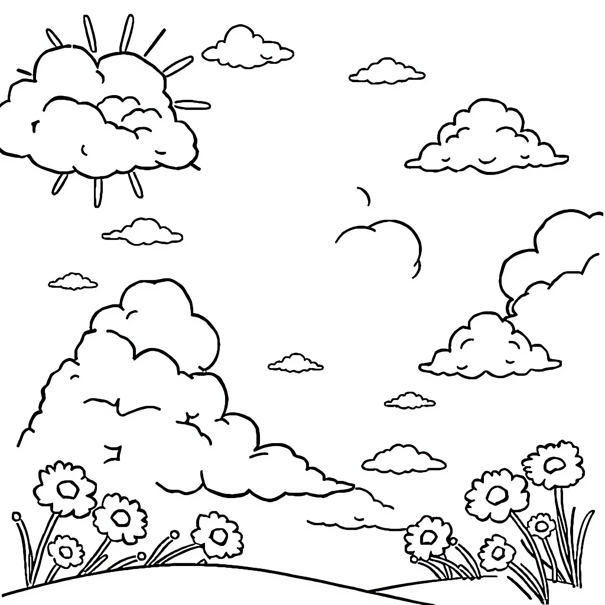 Picture of a cloudy sky with flowers and a sun Coloring Page (free black-and-white line drawing printable PDF for all, from beginners to advanced learners, including children, teens, adults, and seniors)