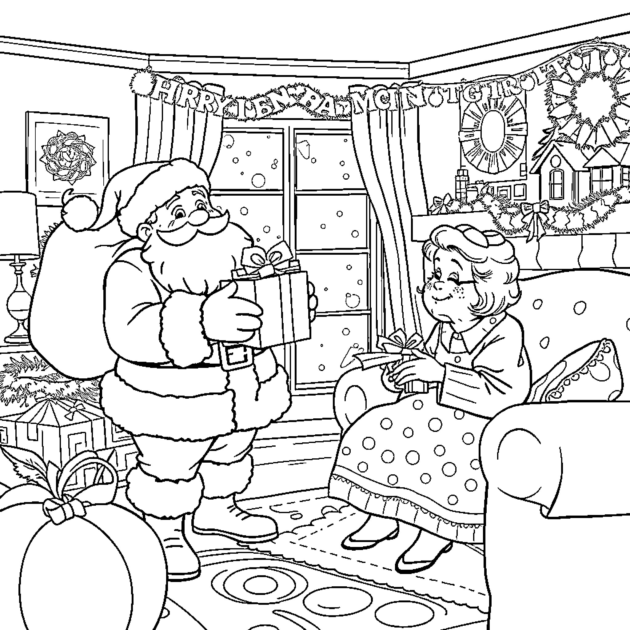 Santa Bringing Gifts to a Delighted Child Coloring Page (free black-and-white line drawing printable PDF for all, from beginners to advanced learners, including children, teens, adults, and seniors)