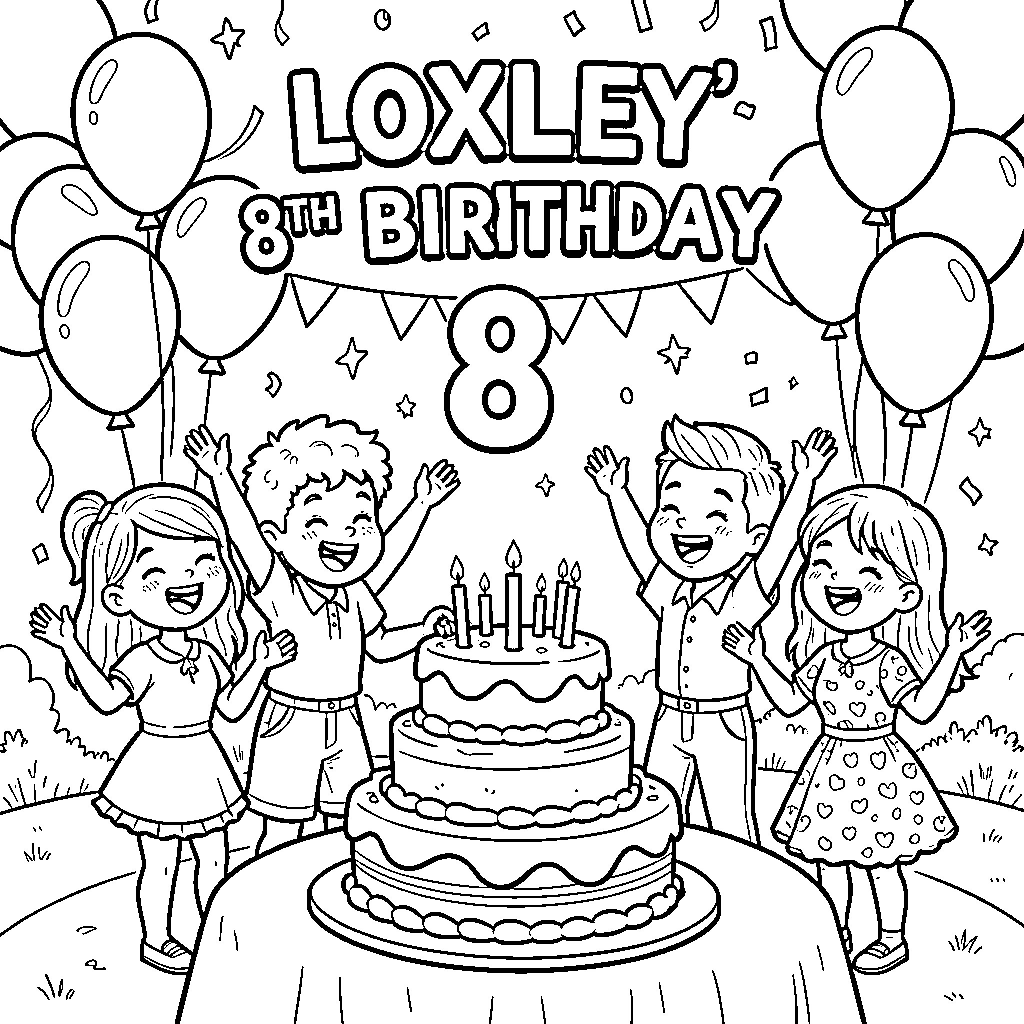 Birthday Party Fun with Friends and Cake Coloring Page (free black-and-white line drawing printable PDF for all, from beginners to advanced learners, including children, teens, adults, and seniors)