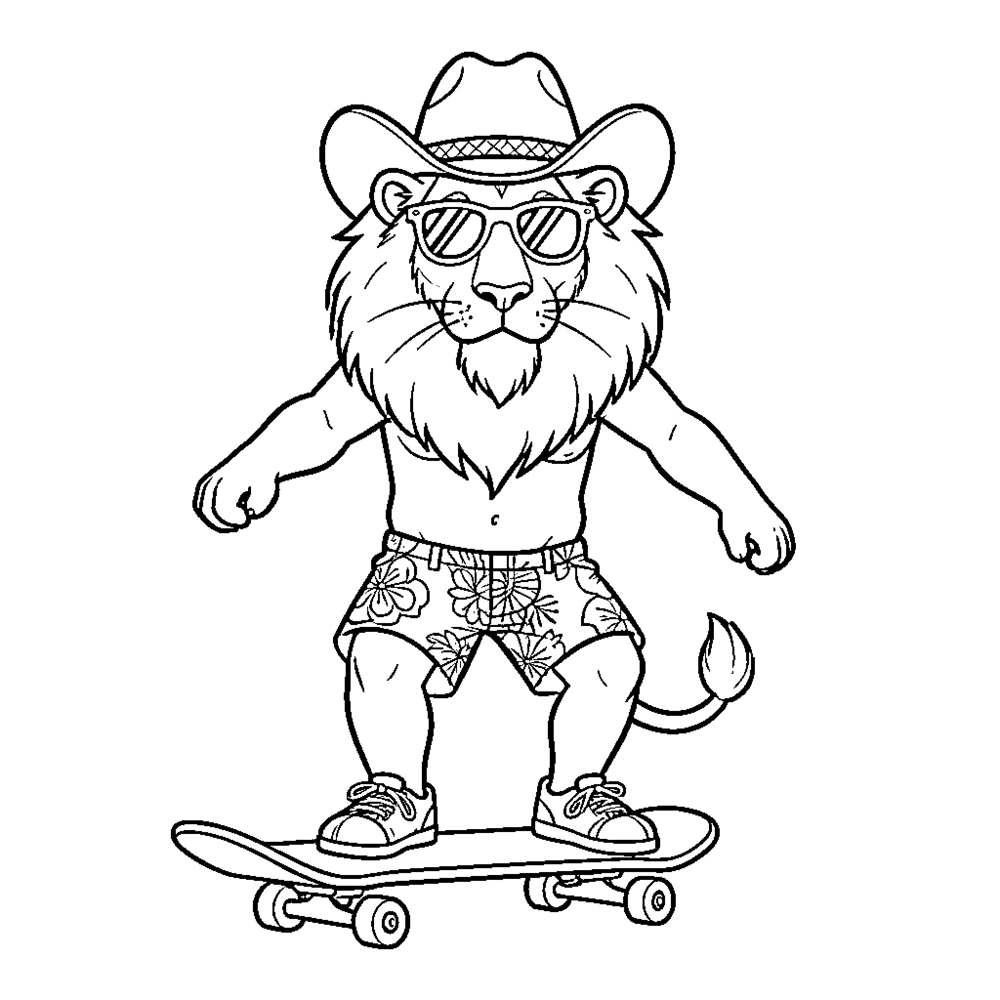 Lion Riding Skateboard in Stylish Attire Coloring Page (free black-and-white line drawing printable PDF for all, from beginners to advanced learners, including children, teens, adults, and seniors)