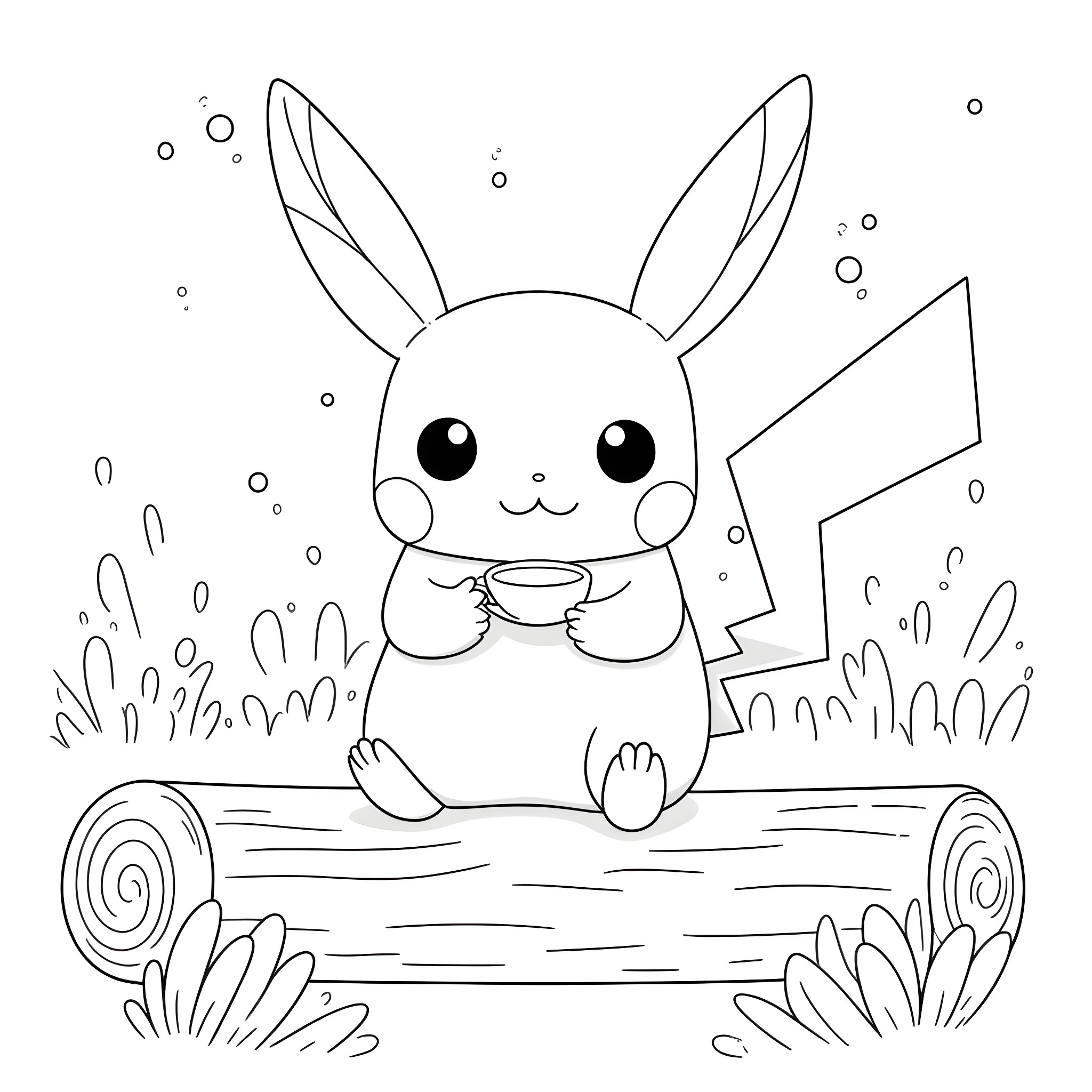 Pikachu enjoying a cozy cup of tea in nature Coloring Page (free black-and-white line drawing printable PDF for all, from beginners to advanced learners, including children, teens, adults, and seniors)