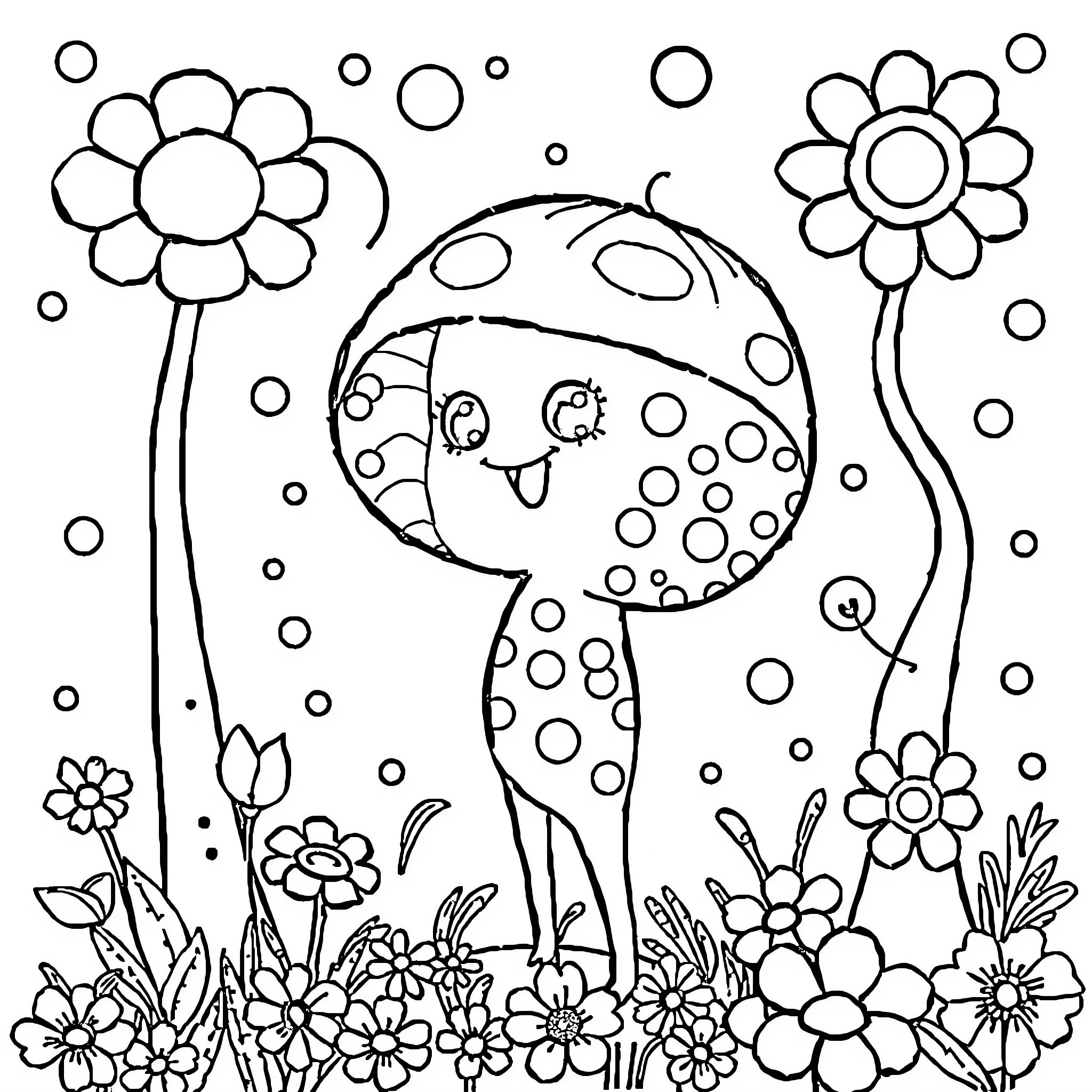 Laboubou enjoying a floral wonderland Coloring Page (free black-and-white line drawing printable PDF for all, from beginners to advanced learners, including children, teens, adults, and seniors)
