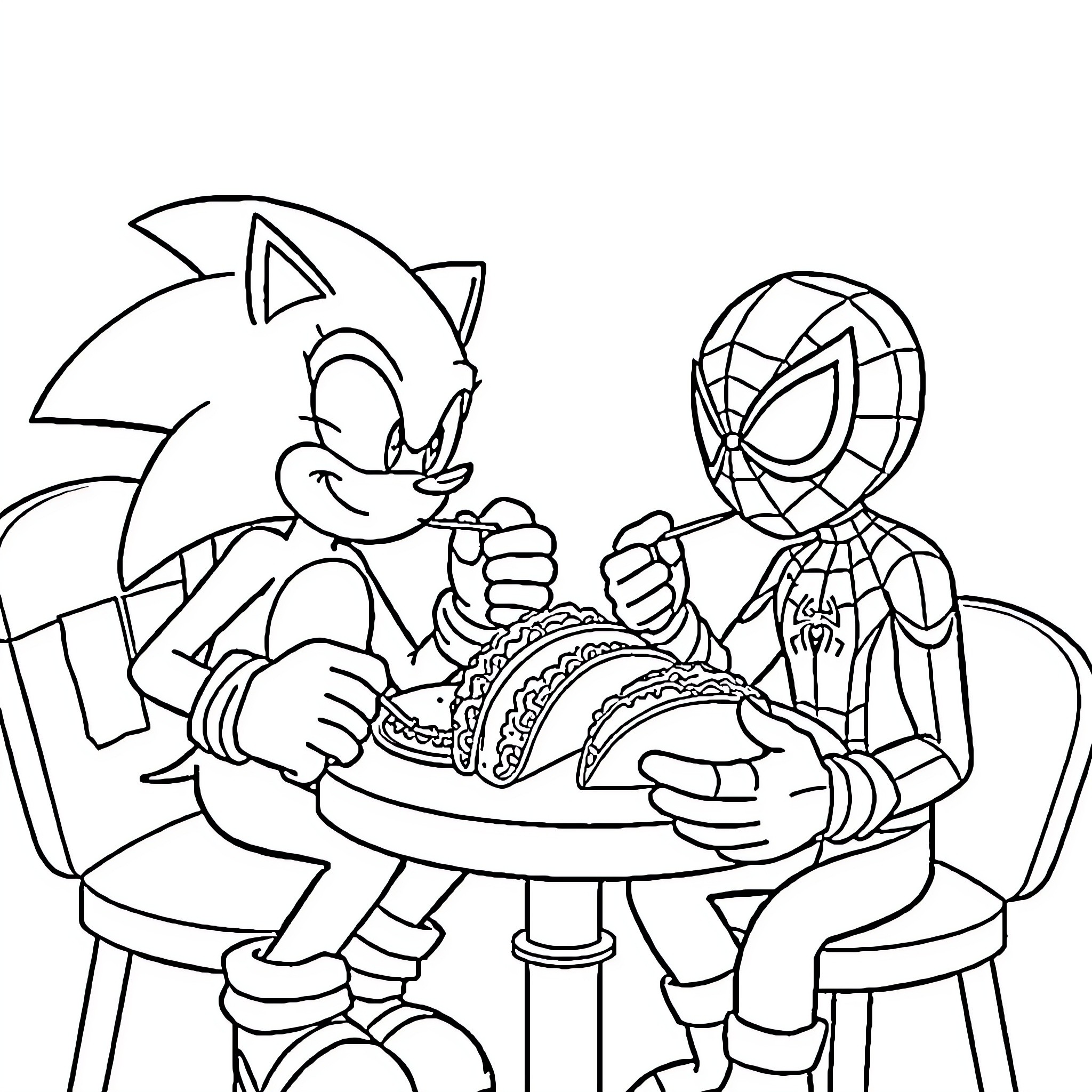 Sonic and Spider-Man Sharing a Meal Coloring Page (free black-and-white line drawing printable PDF for all, from beginners to advanced learners, including children, teens, adults, and seniors)