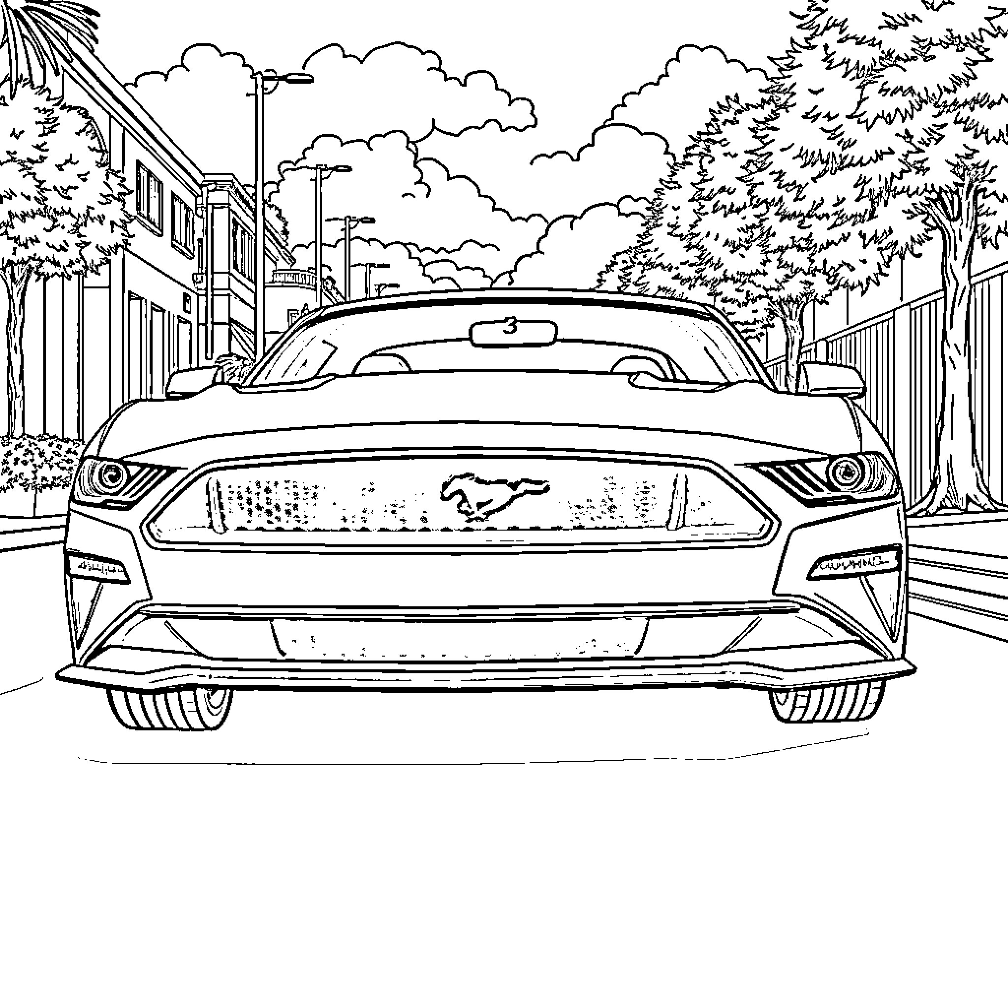 Mustang sports car on urban street Coloring Page (free black-and-white line drawing printable PDF for all, from beginners to advanced learners, including children, teens, adults, and seniors)
