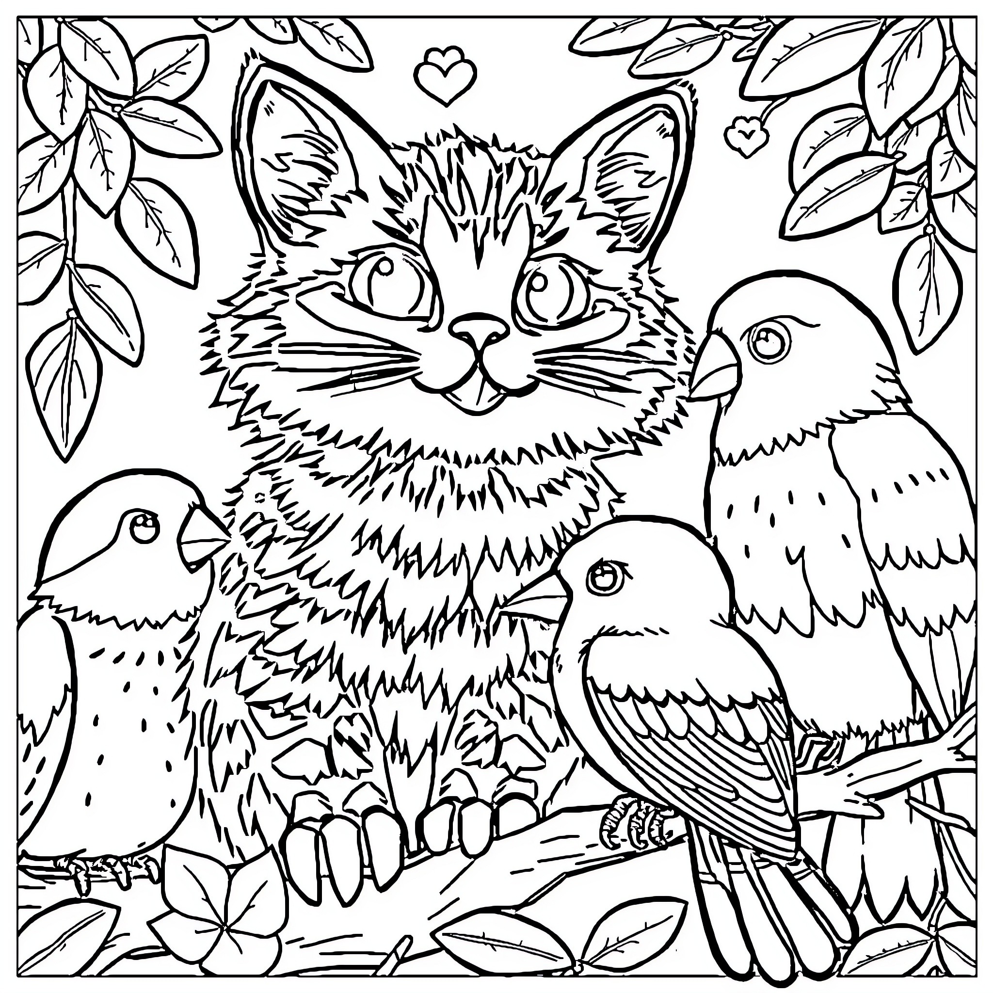 Animal friends in the natural setting Coloring Page (free black-and-white line drawing printable PDF for all, from beginners to advanced learners, including children, teens, adults, and seniors)