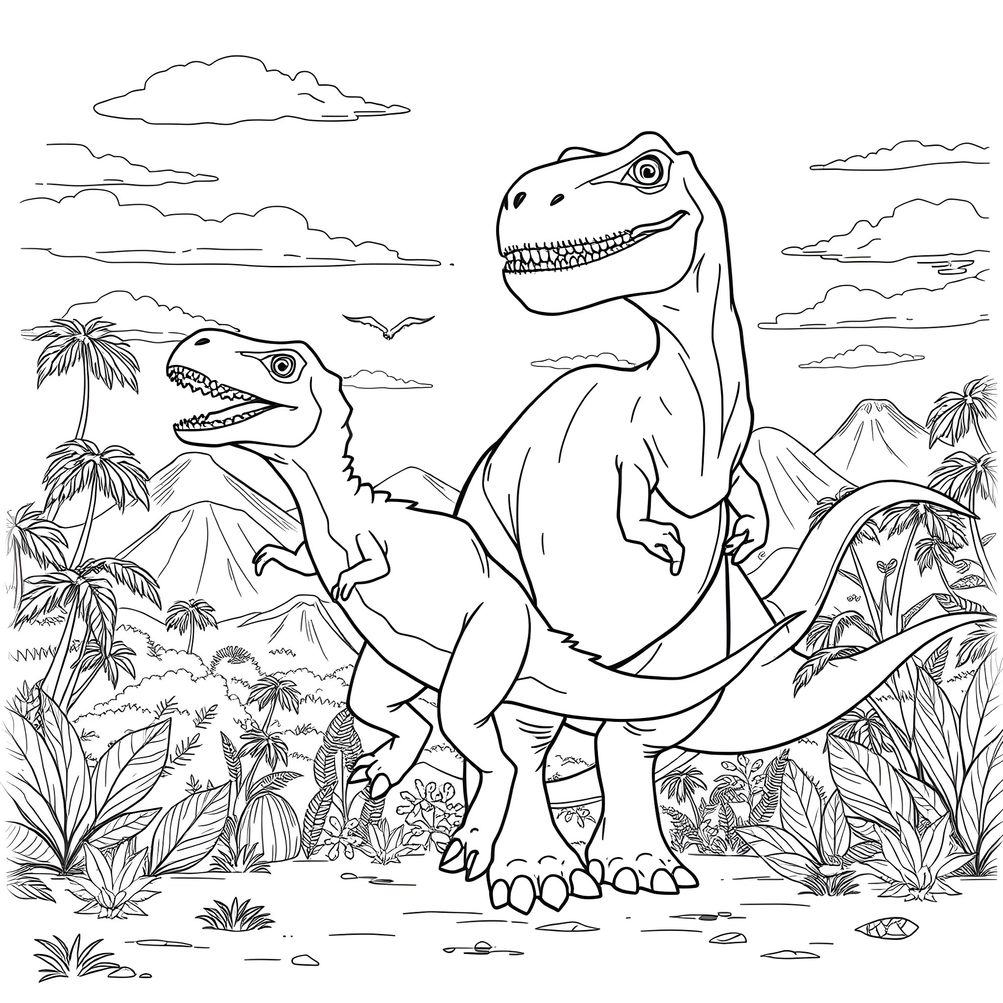 Dinosaur duo exploring prehistoric landscape Coloring Page (free black-and-white line drawing printable PDF for all, from beginners to advanced learners, including children, teens, adults, and seniors)
