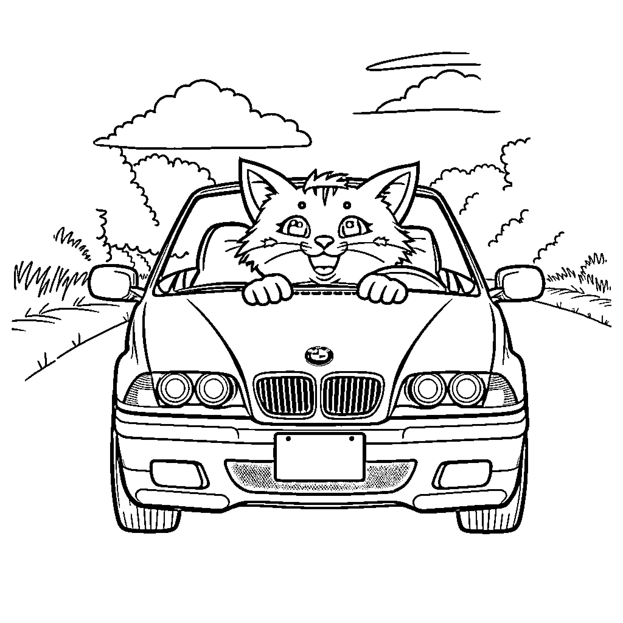 Bobcat peeking out from car window on the road Coloring Page (free black-and-white line drawing printable PDF for all, from beginners to advanced learners, including children, teens, adults, and seniors)
