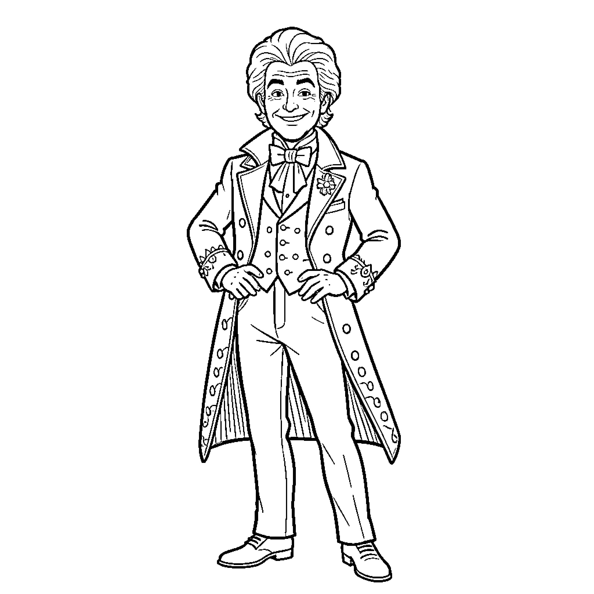 Doctor Frank N Furter posing in an elegant formal outfit Coloring Page (free black-and-white line drawing printable PDF for all, from beginners to advanced learners, including children, teens, adults, and seniors)