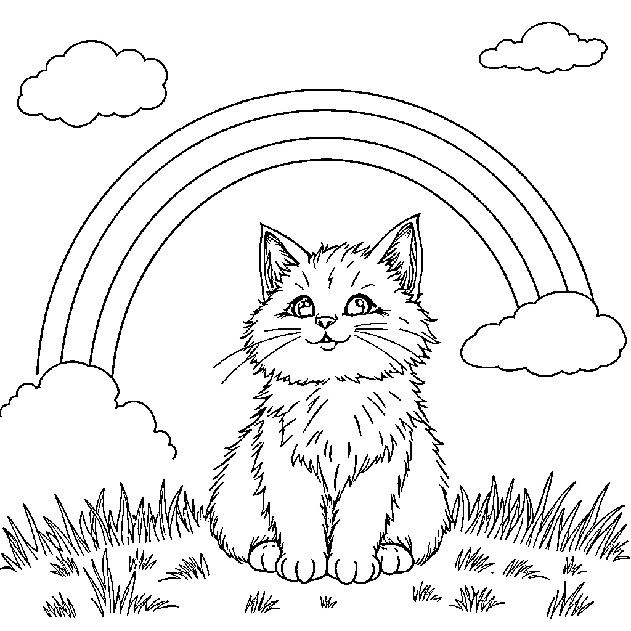 Cat enjoying the scenery in a grassy field Coloring Page (free black-and-white line drawing printable PDF for all, from beginners to advanced learners, including children, teens, adults, and seniors)