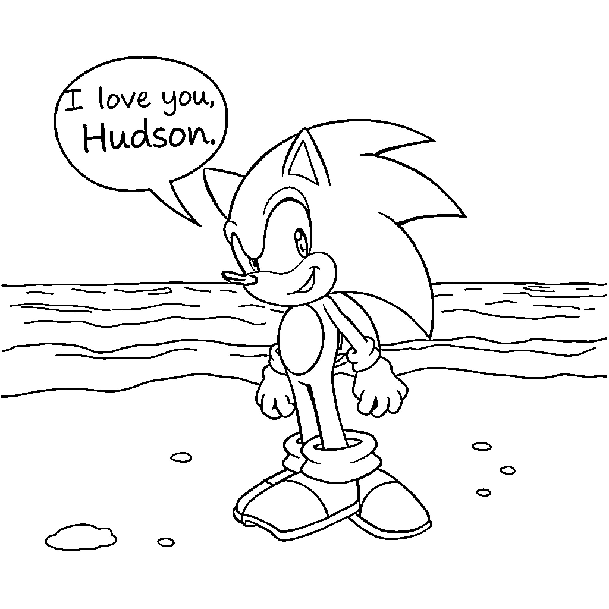 Sonic expressing affection on the beach Coloring Page (free black-and-white line drawing printable PDF for all, from beginners to advanced learners, including children, teens, adults, and seniors)