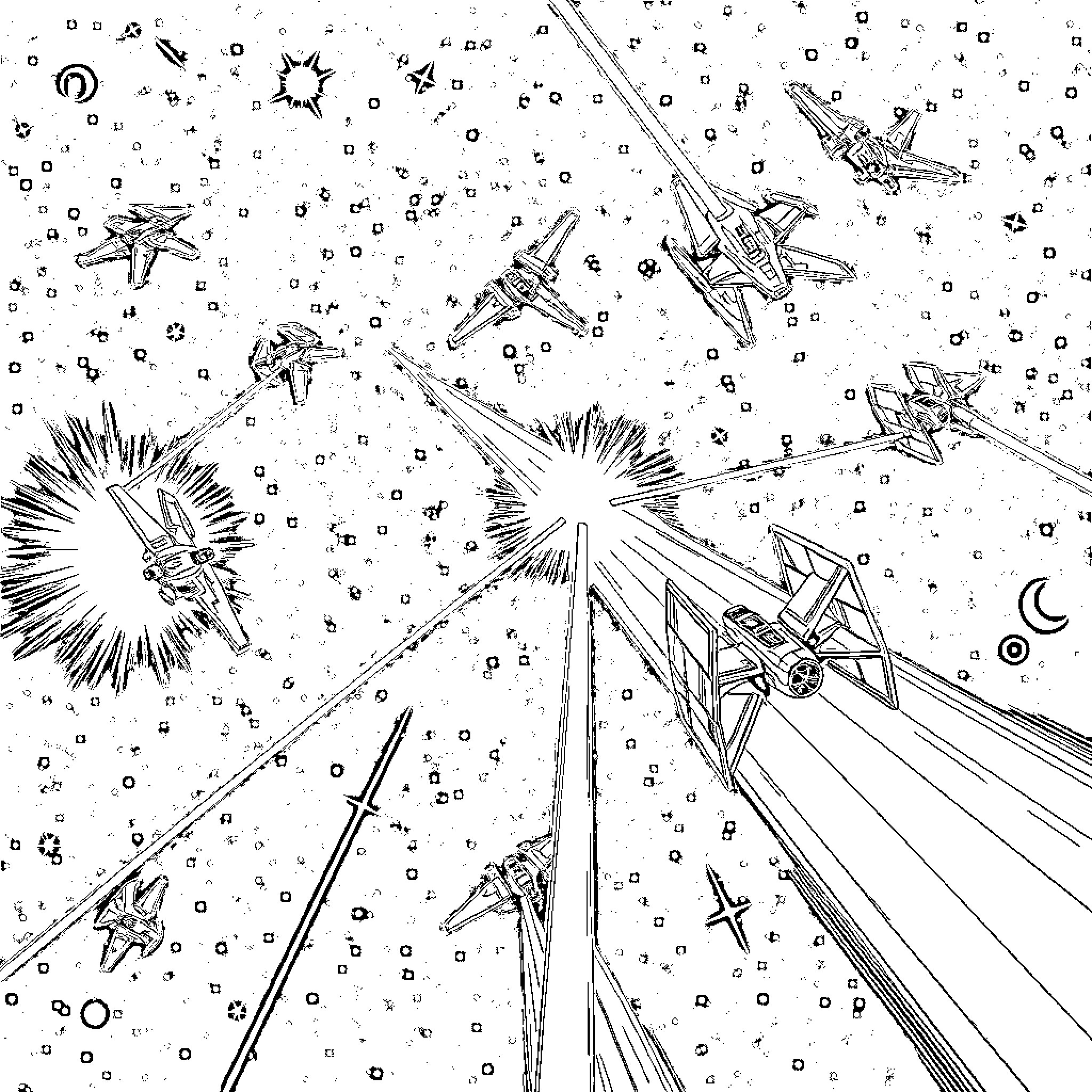 Spaceship battle in the cosmic void Coloring Page (free black-and-white line drawing printable PDF for all, from beginners to advanced learners, including children, teens, adults, and seniors)