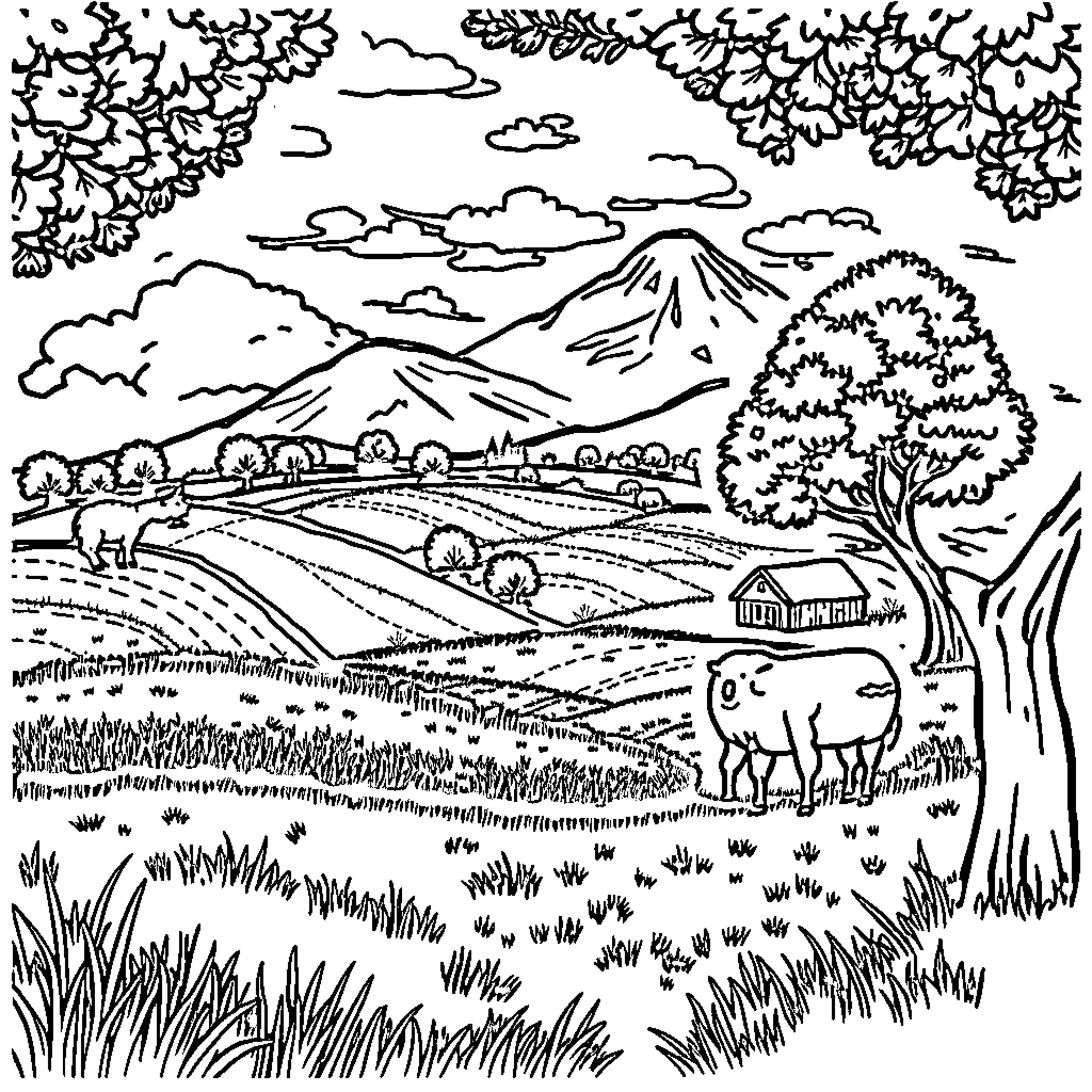 Sticker Landscape with Pastoral Scenery Coloring Page (free black-and-white line drawing printable PDF for all, from beginners to advanced learners, including children, teens, adults, and seniors)