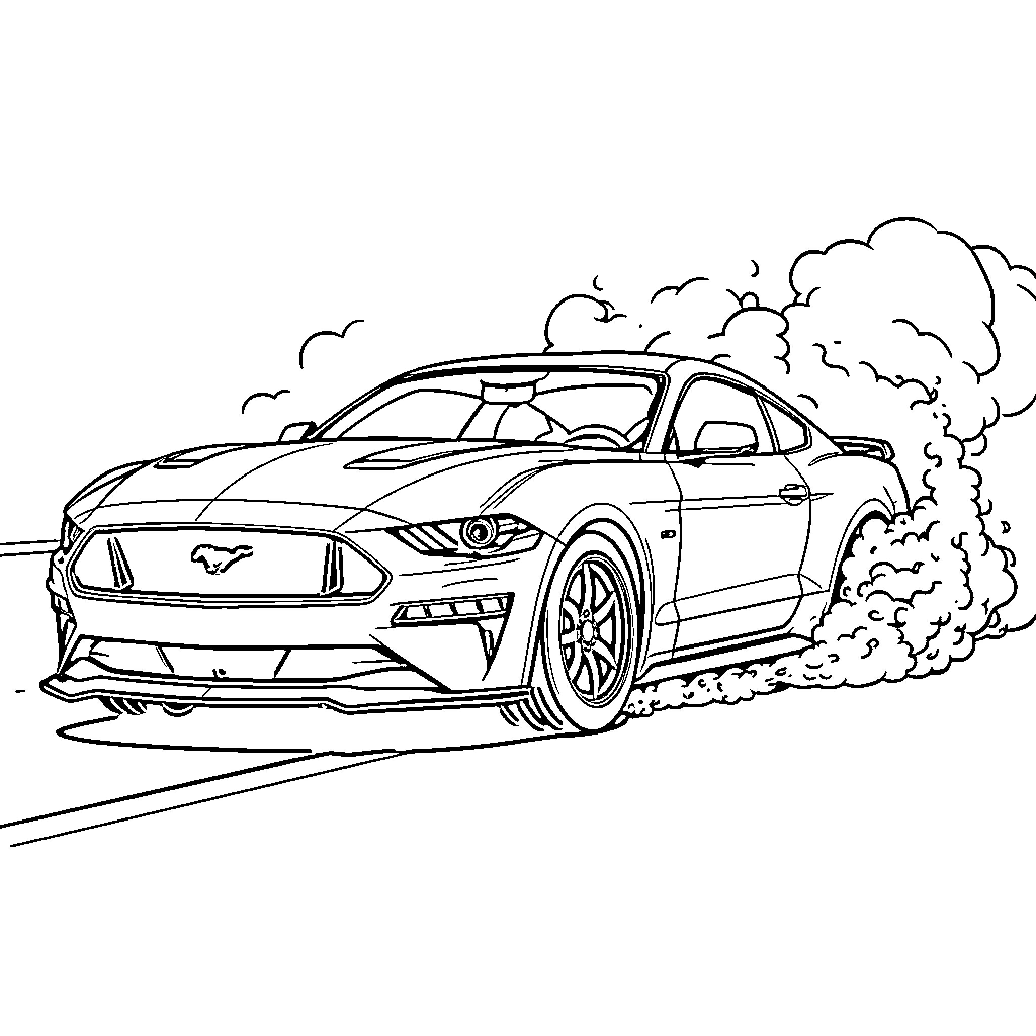Mustang racing with smoke on the road Coloring Page (free black-and-white line drawing printable PDF for all, from beginners to advanced learners, including children, teens, adults, and seniors)