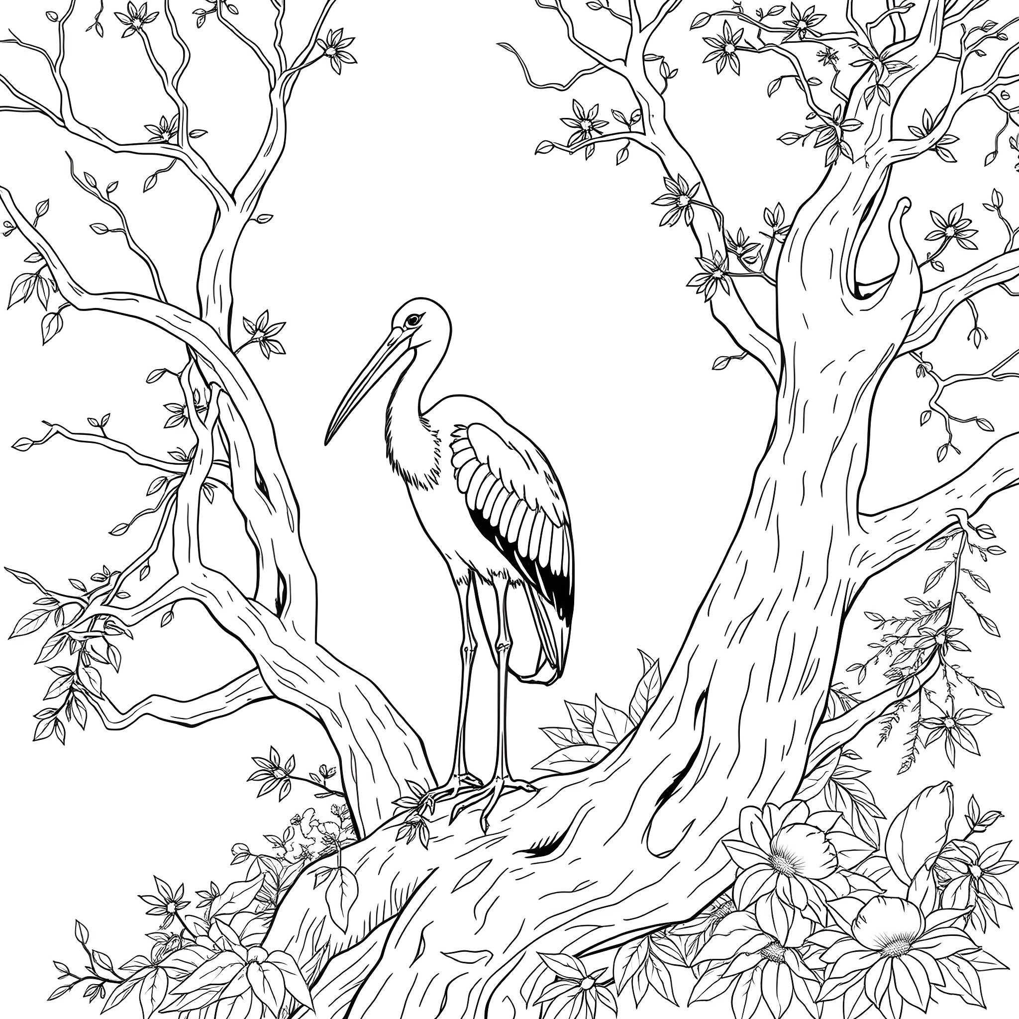 Ibis amidst the blossoming trees Coloring Page (free black-and-white line drawing printable PDF for all, from beginners to advanced learners, including children, teens, adults, and seniors)