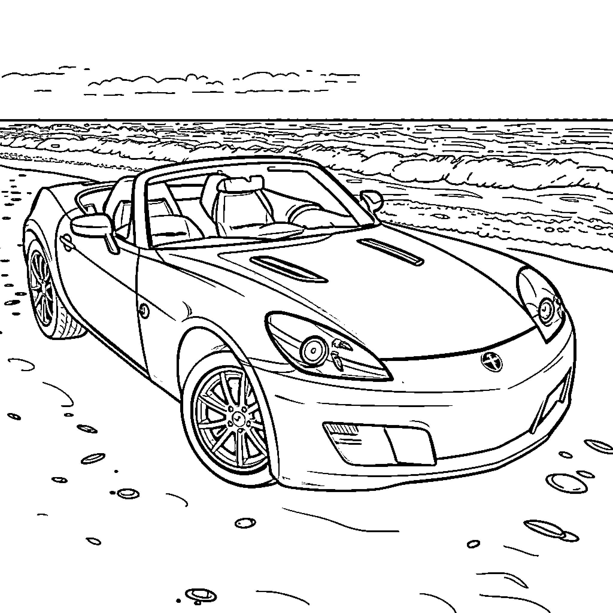 Saturn sports car driving on the beach Coloring Page (free black-and-white line drawing printable PDF for all, from beginners to advanced learners, including children, teens, adults, and seniors)
