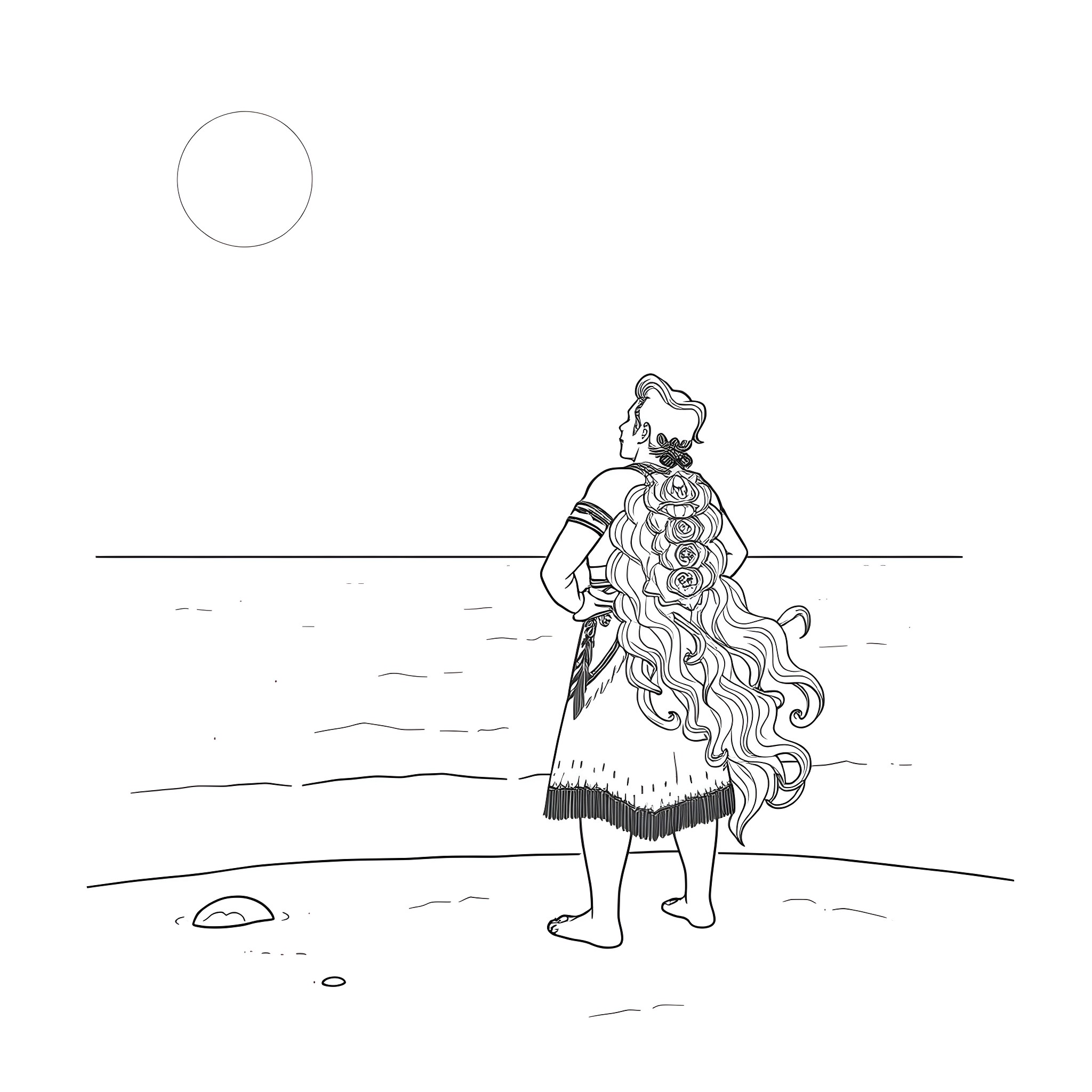 Moana standing on the beach under the moon Coloring Page (free black-and-white line drawing printable PDF for all, from beginners to advanced learners, including children, teens, adults, and seniors)