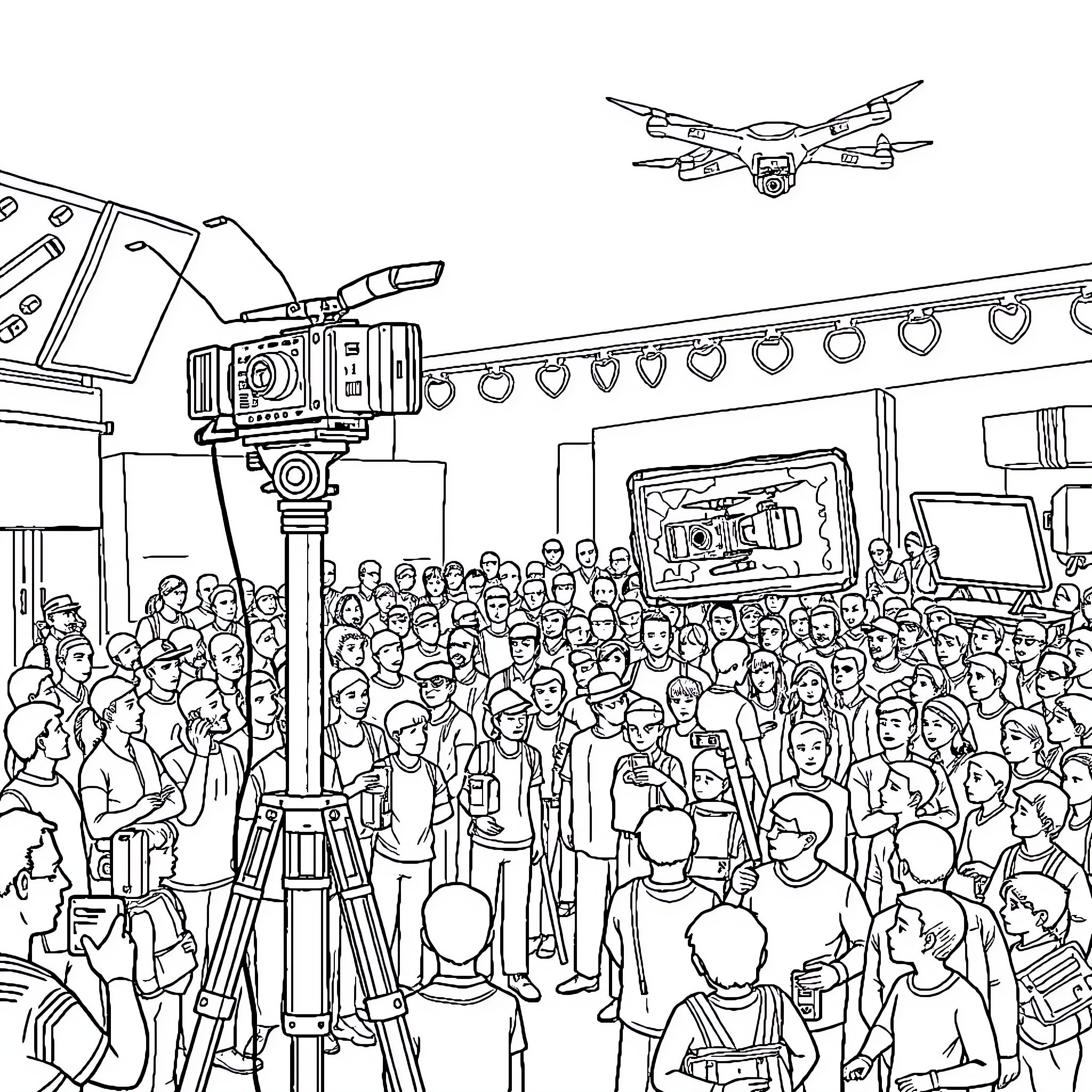 Camera Crew Filming a Crowded Event Coloring Page (free black-and-white line drawing printable PDF for all, from beginners to advanced learners, including children, teens, adults, and seniors)