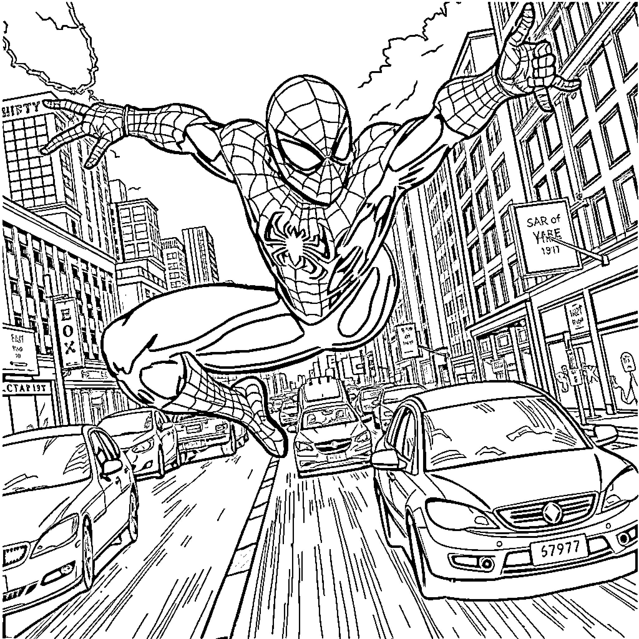 Spider-Man swinging through the busy city streets Coloring Page (free black-and-white line drawing printable PDF for all, from beginners to advanced learners, including children, teens, adults, and seniors)