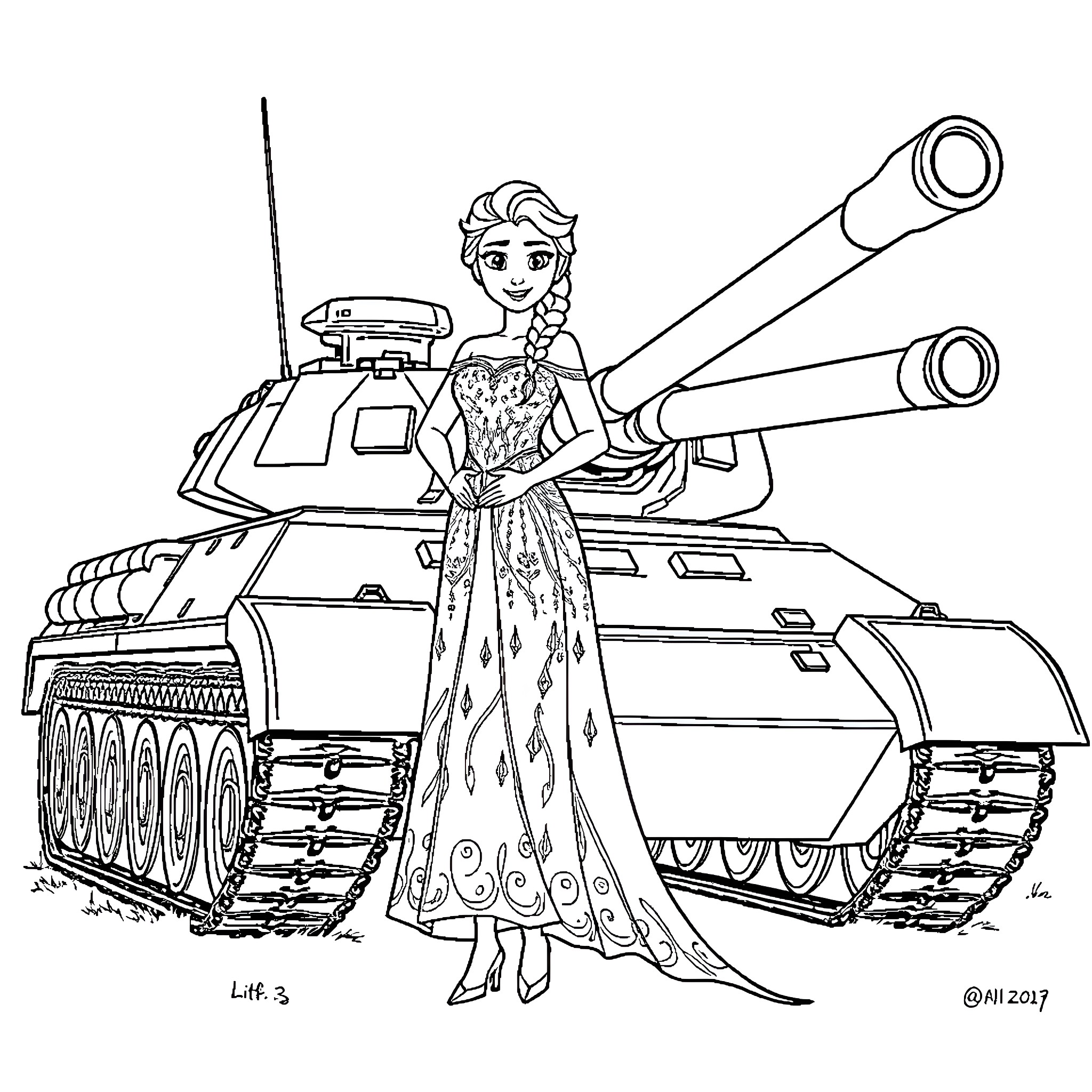Elsa in a warrior princess outfit with a tank Coloring Page (free black-and-white line drawing printable PDF for all, from beginners to advanced learners, including children, teens, adults, and seniors)