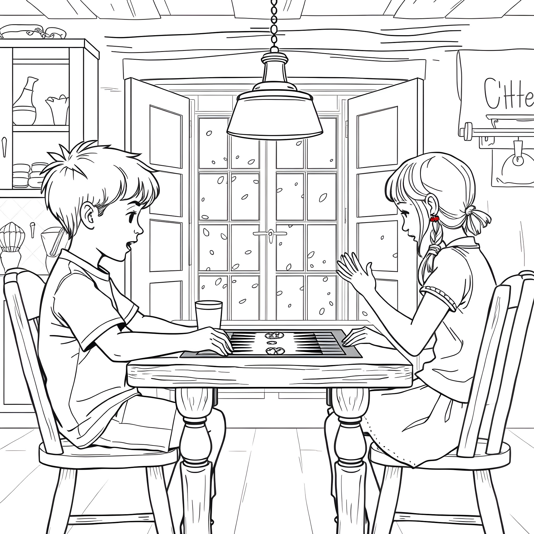 Boy and girl playing board game together in cozy room Coloring Page (free black-and-white line drawing printable PDF for all, from beginners to advanced learners, including children, teens, adults, and seniors)