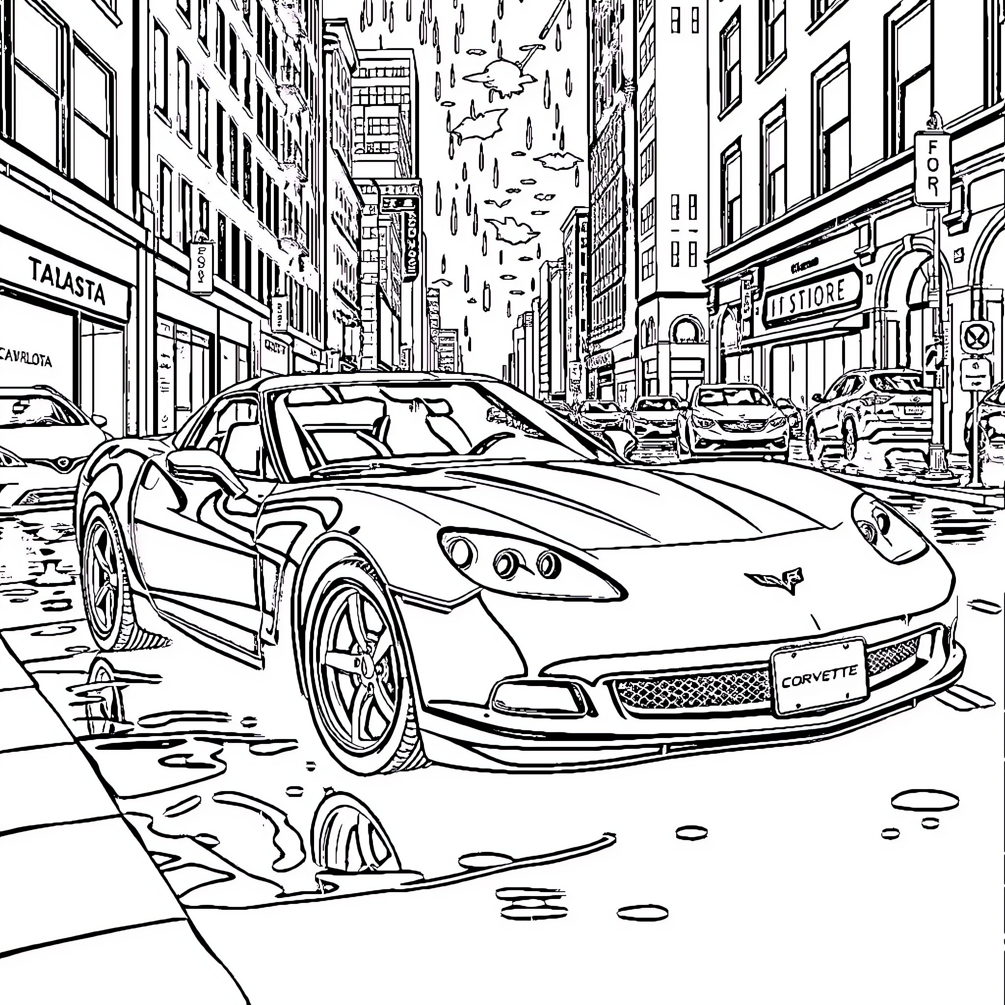 Corvette Sportscar in Busy Urban City Street Coloring Page (free black-and-white line drawing printable PDF for all, from beginners to advanced learners, including children, teens, adults, and seniors)