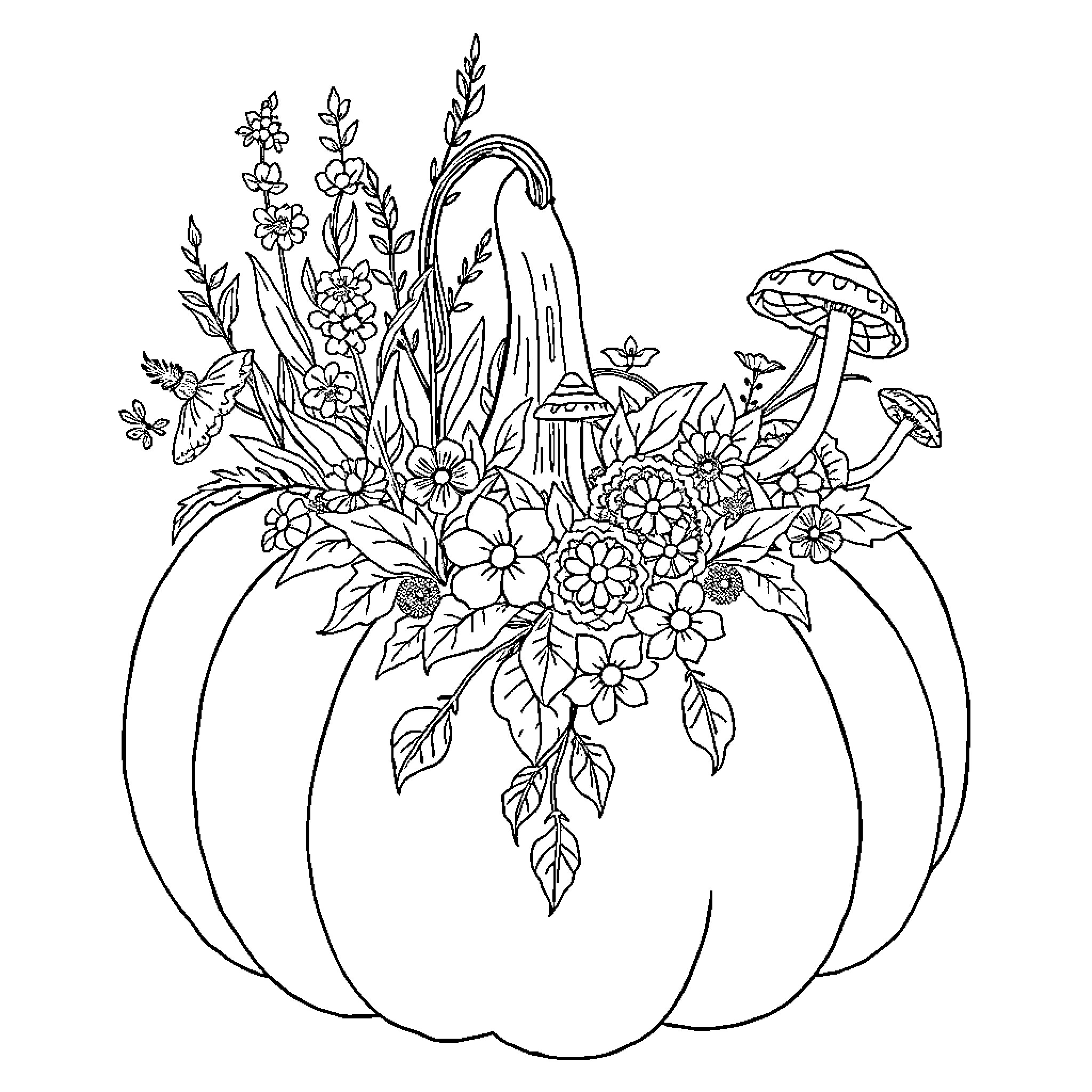 Pumpkin Filled with Whimsical Floral Arrangement Coloring Page (free black-and-white line drawing printable PDF for all, from beginners to advanced learners, including children, teens, adults, and seniors)