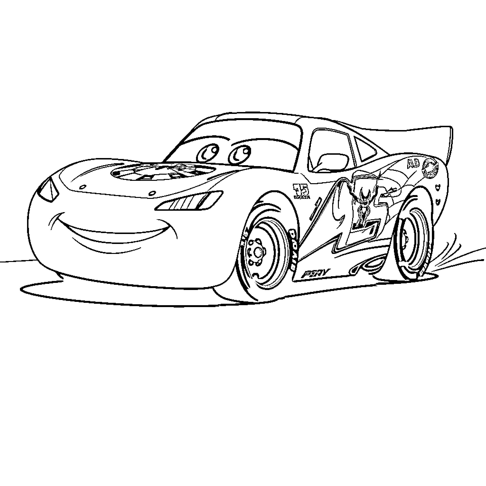 Lightning McQueen races on the track Coloring Page (free black-and-white line drawing printable PDF for all, from beginners to advanced learners, including children, teens, adults, and seniors)
