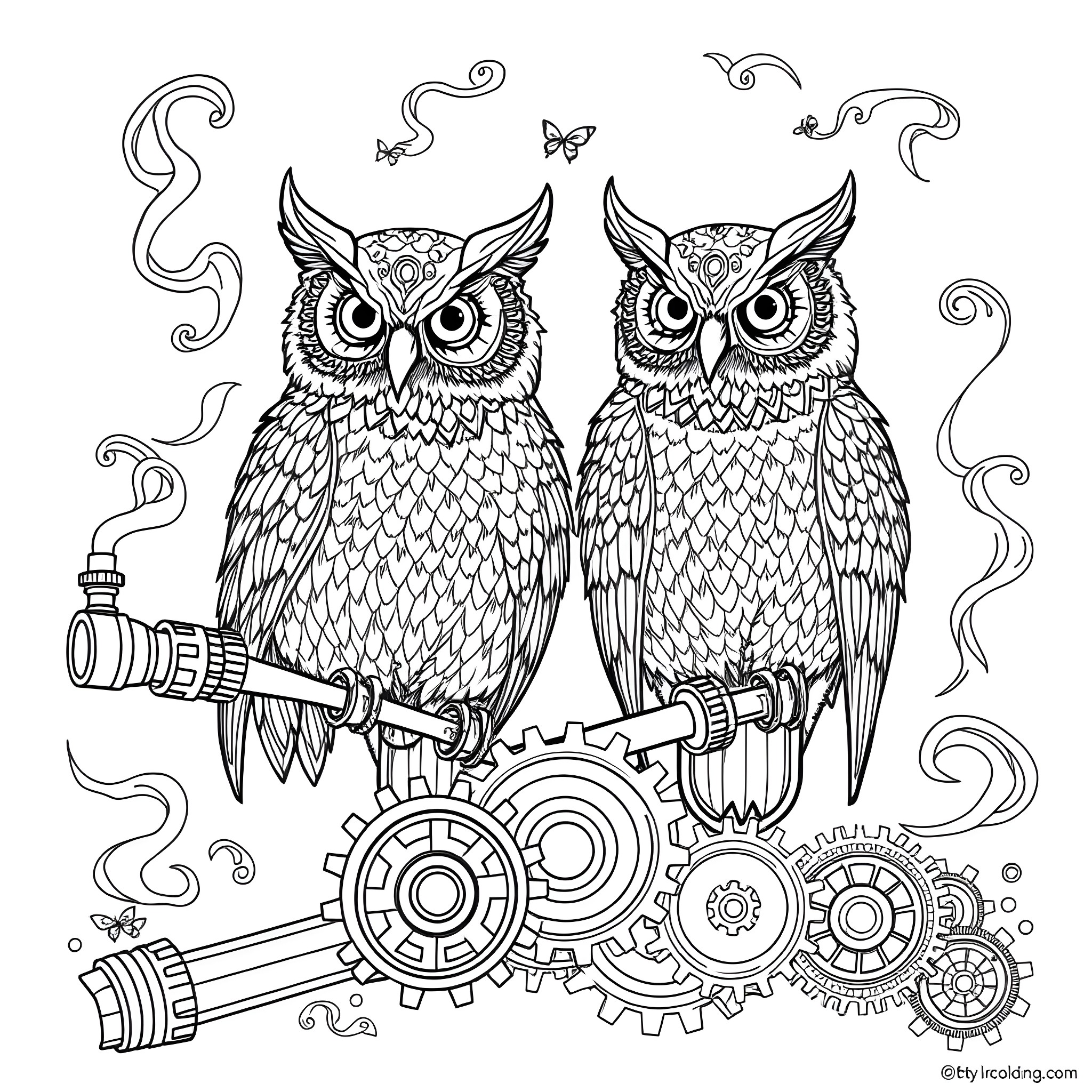 Owl duo perched on mechanical gears Coloring Page (free black-and-white line drawing printable PDF for all, from beginners to advanced learners, including children, teens, adults, and seniors)