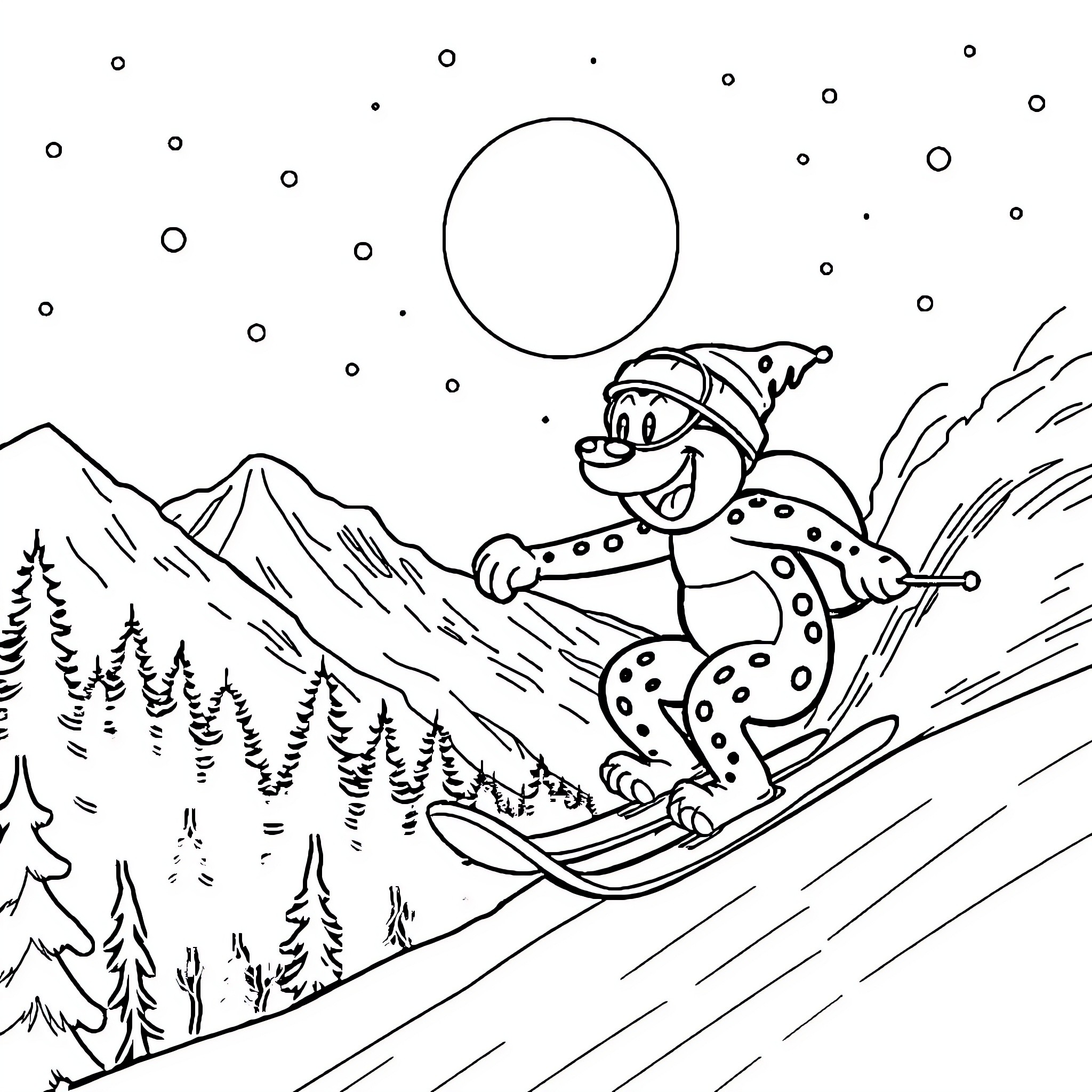 Marsupilami skiing down the snowy mountains Coloring Page (free black-and-white line drawing printable PDF for all, from beginners to advanced learners, including children, teens, adults, and seniors)