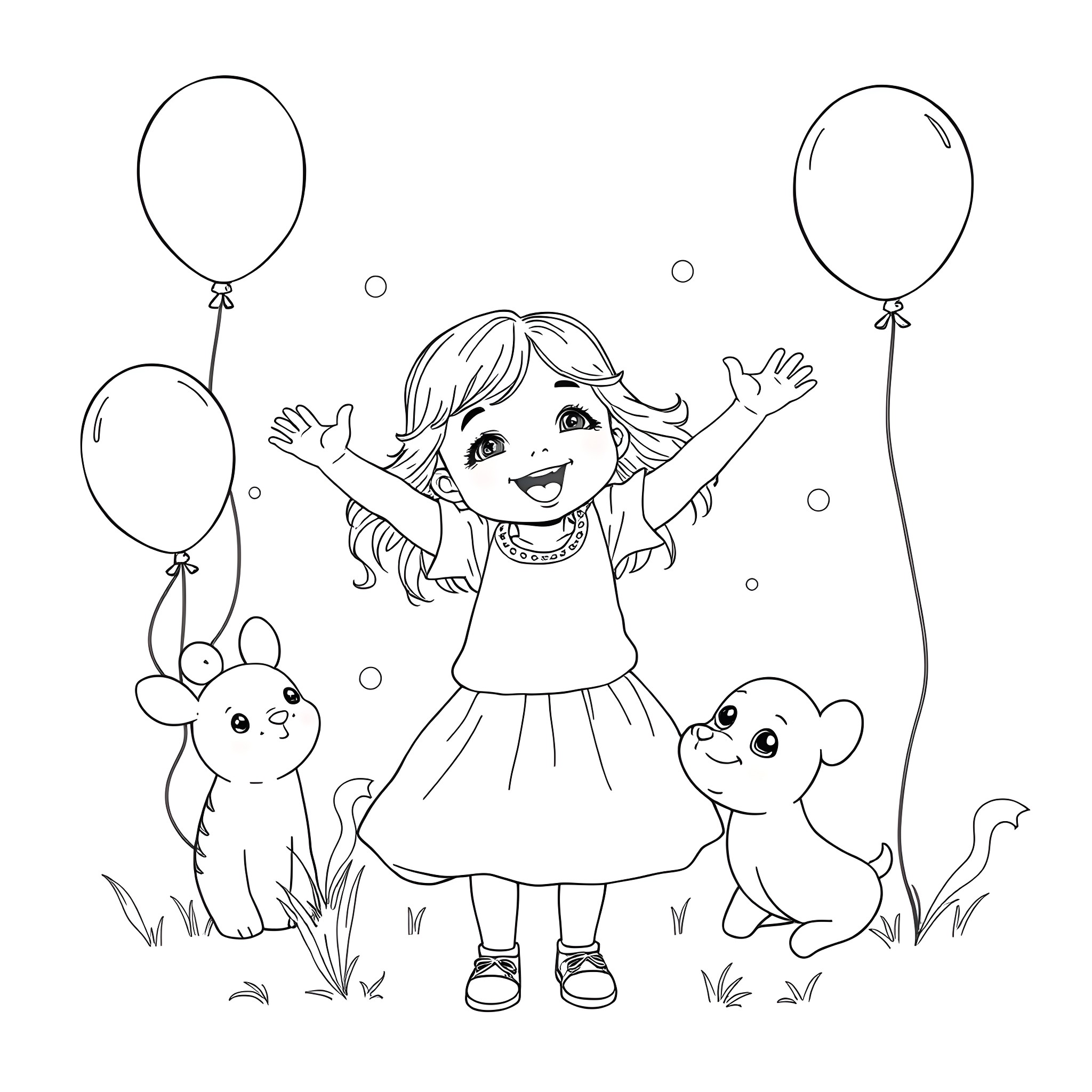 Girl joyfully playing with puppies and balloons Coloring Page (free black-and-white line drawing printable PDF for all, from beginners to advanced learners, including children, teens, adults, and seniors)