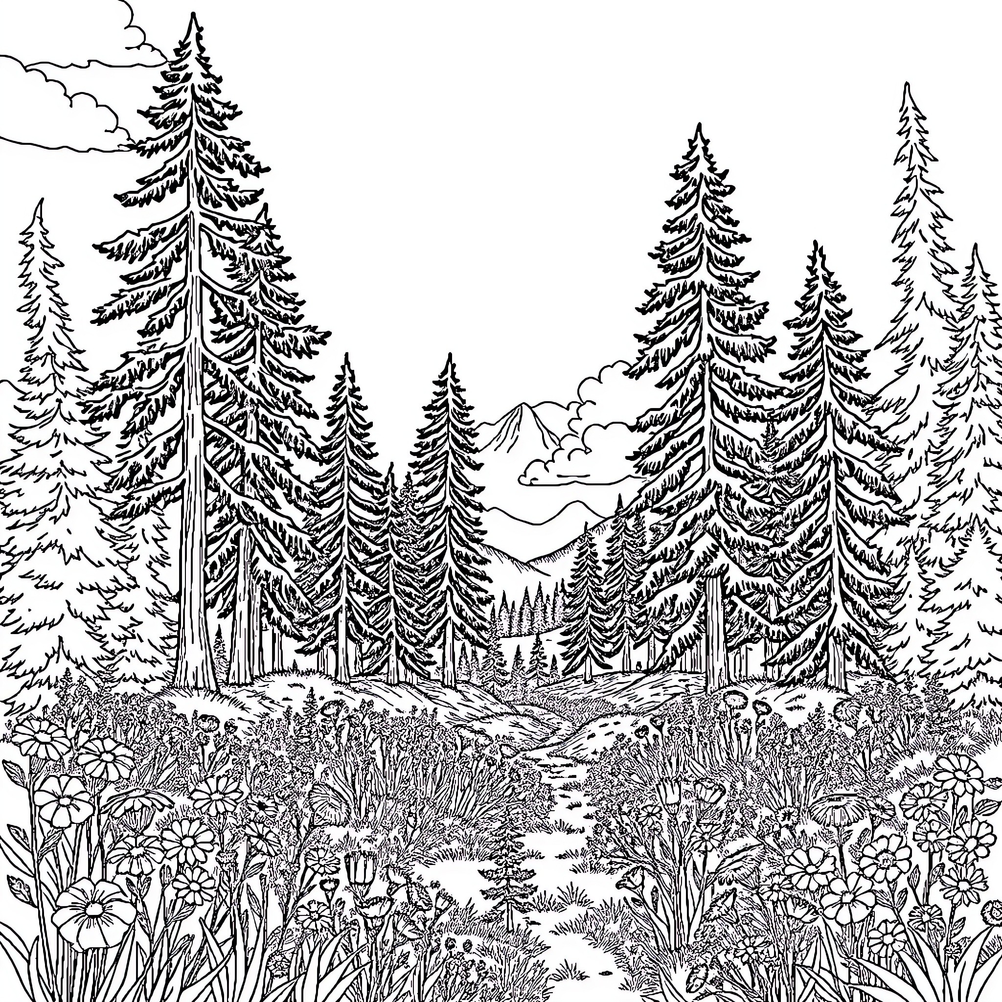 Nature scene with towering pine trees and lush forest Coloring Page (free black-and-white line drawing printable PDF for all, from beginners to advanced learners, including children, teens, adults, and seniors)