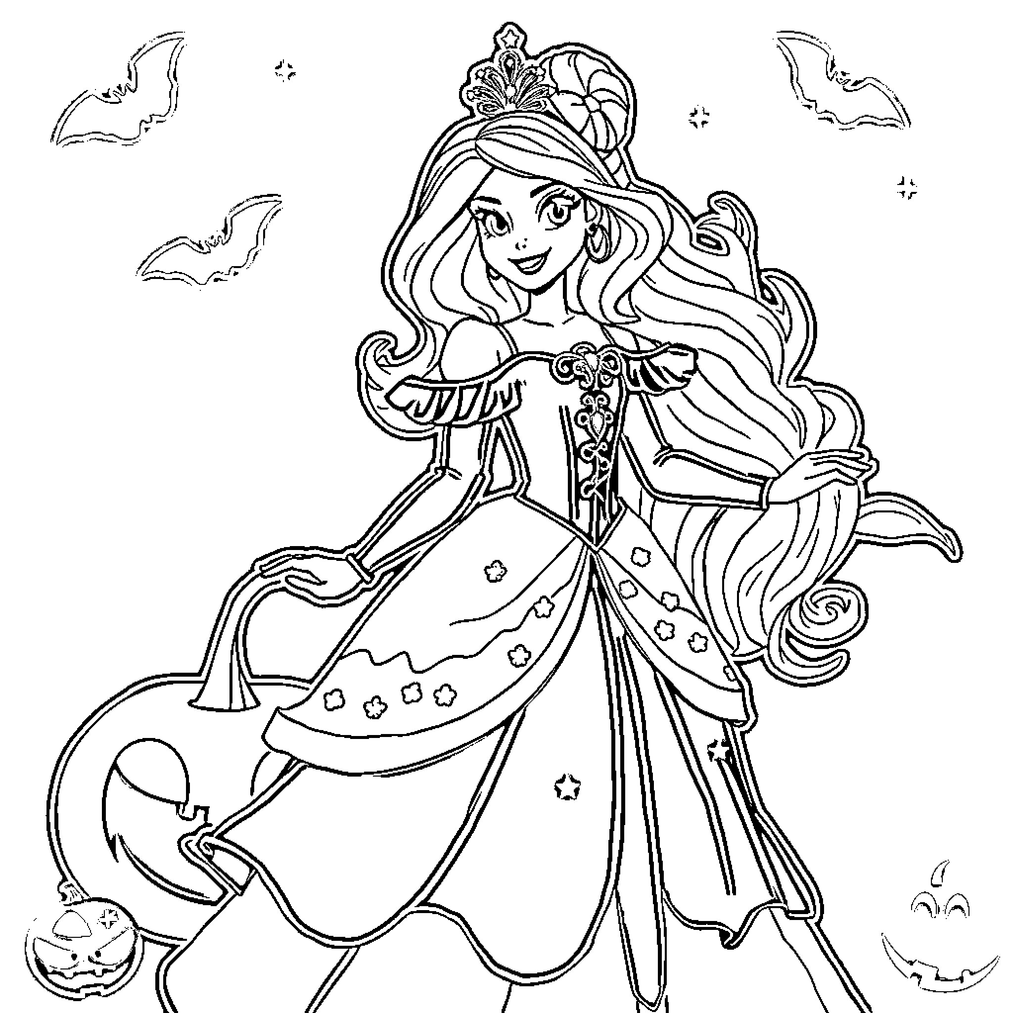 Disney Princess in Festive Halloween Attire Coloring Page (free black-and-white line drawing printable PDF for all, from beginners to advanced learners, including children, teens, adults, and seniors)