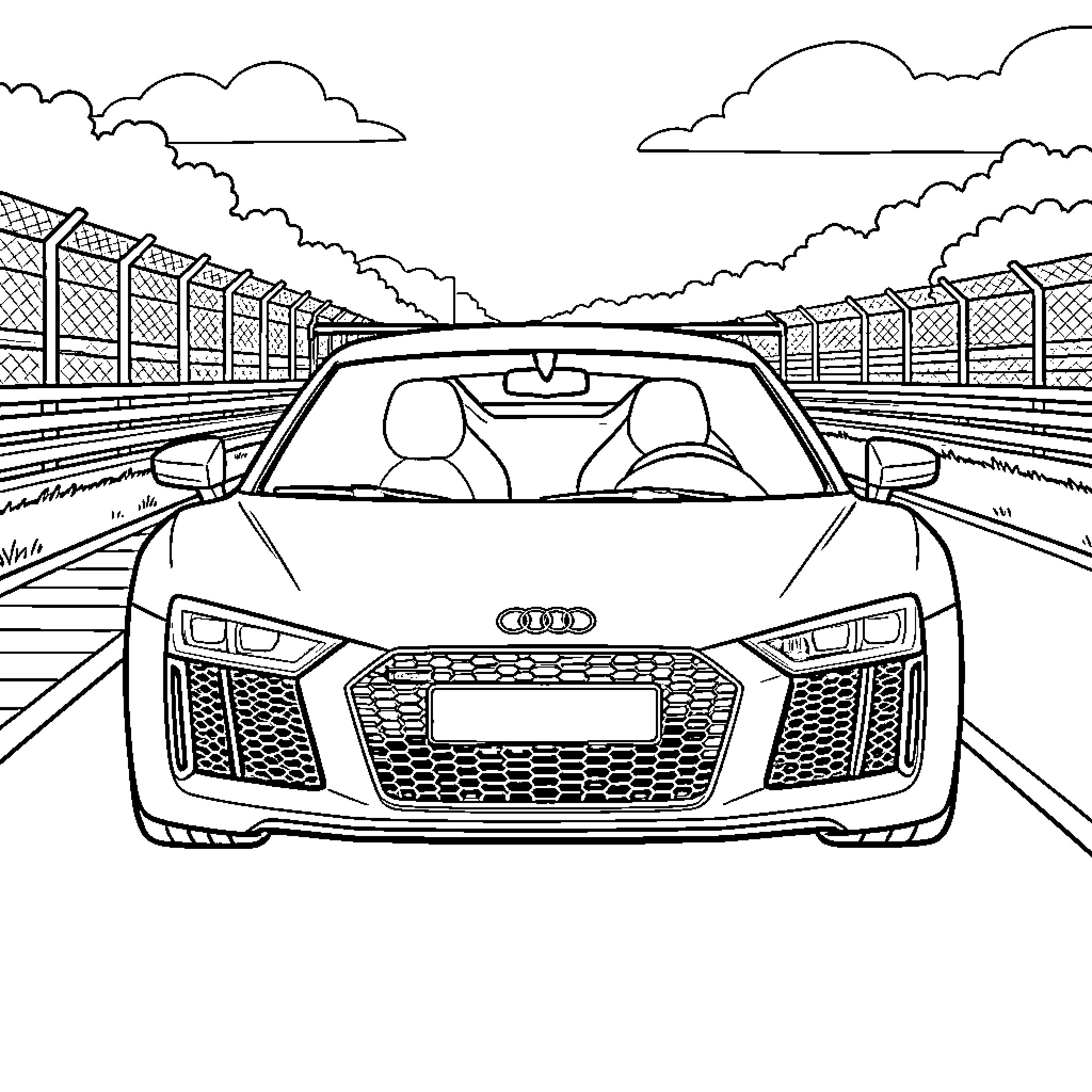 Audi R8 driving fast on a racing track Coloring Page (free black-and-white line drawing printable PDF for all, from beginners to advanced learners, including children, teens, adults, and seniors)