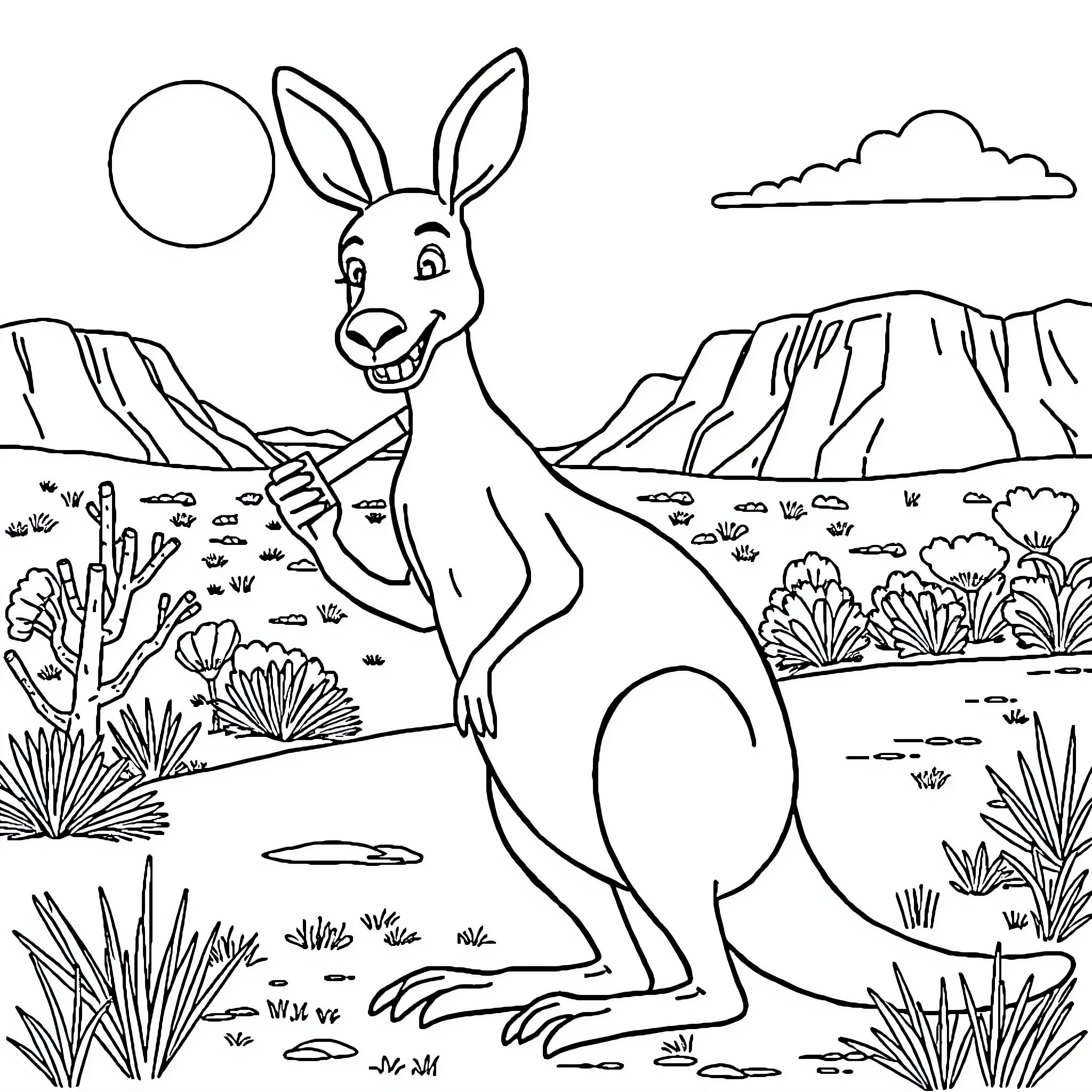 Kangaroo hopping happily in the desert landscape Coloring Page (free black-and-white line drawing printable PDF for all, from beginners to advanced learners, including children, teens, adults, and seniors)