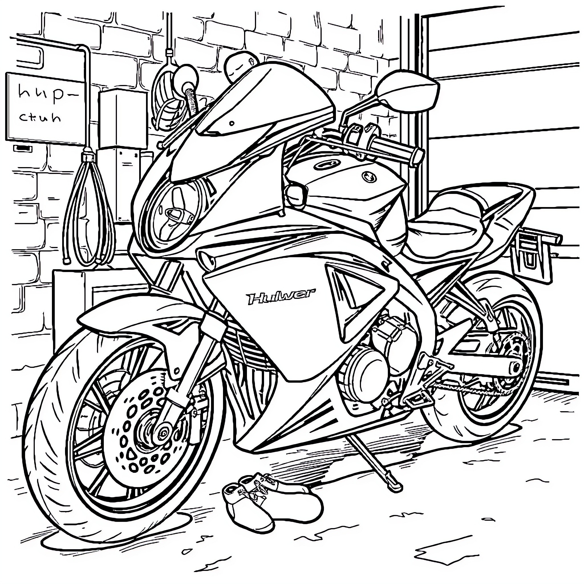 Motorcycle parked in a garage with tools Coloring Page (free black-and-white line drawing printable PDF for all, from beginners to advanced learners, including children, teens, adults, and seniors)