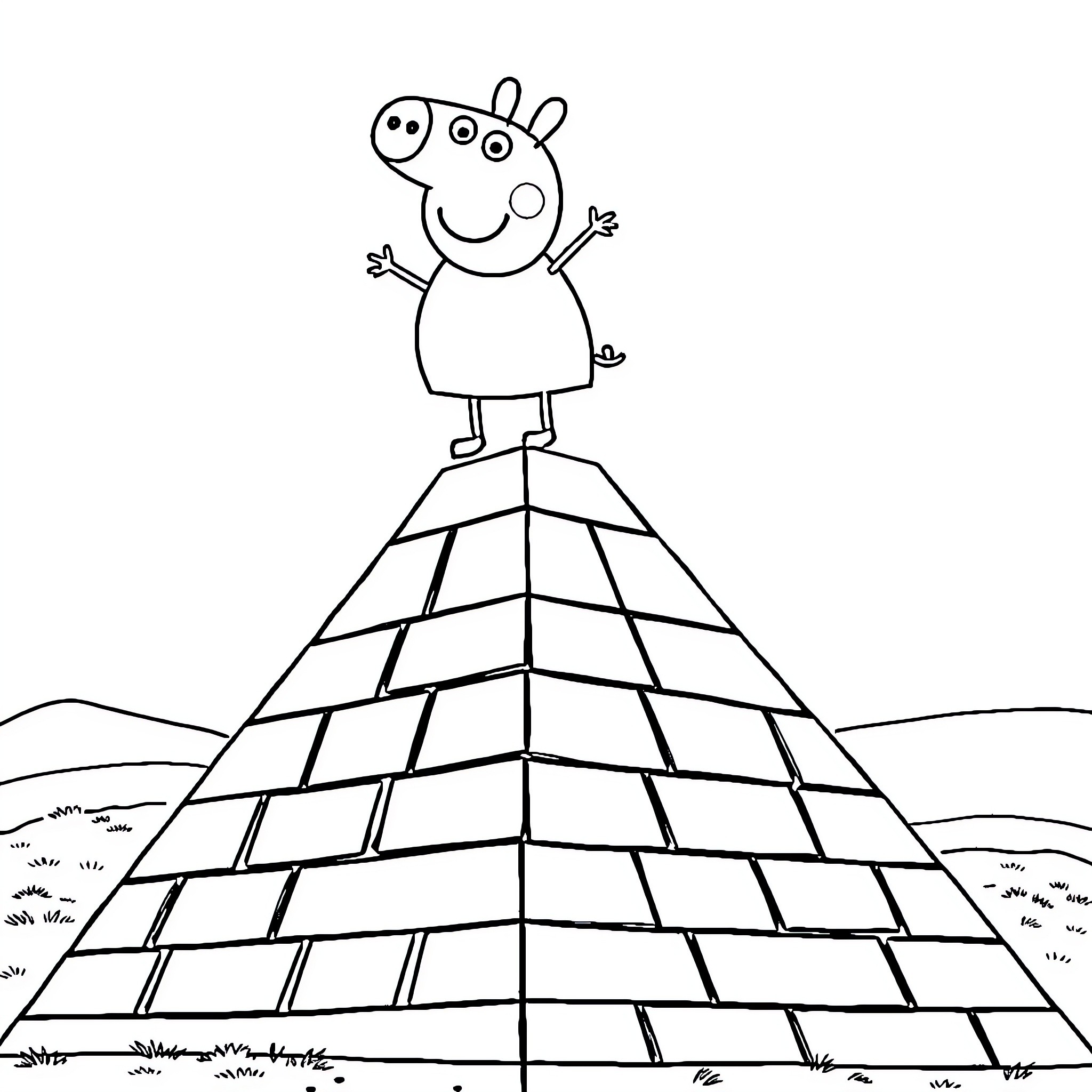 Peppa Pig standing on a pyramidal structure Coloring Page (free black-and-white line drawing printable PDF for all, from beginners to advanced learners, including children, teens, adults, and seniors)