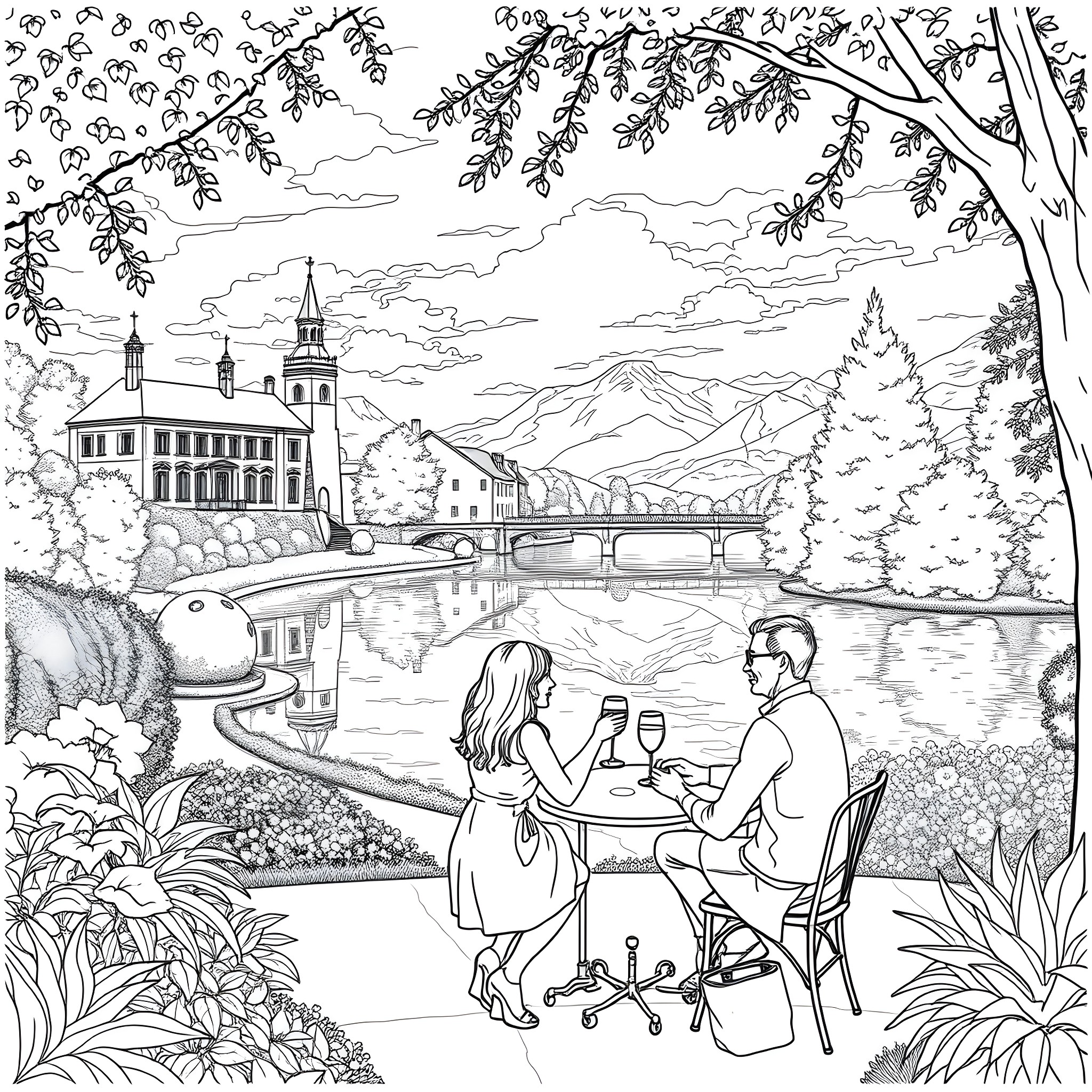 Person enjoying picnic by the lake with scenic mountain view Coloring Page (free black-and-white line drawing printable PDF for all, from beginners to advanced learners, including children, teens, adults, and seniors)