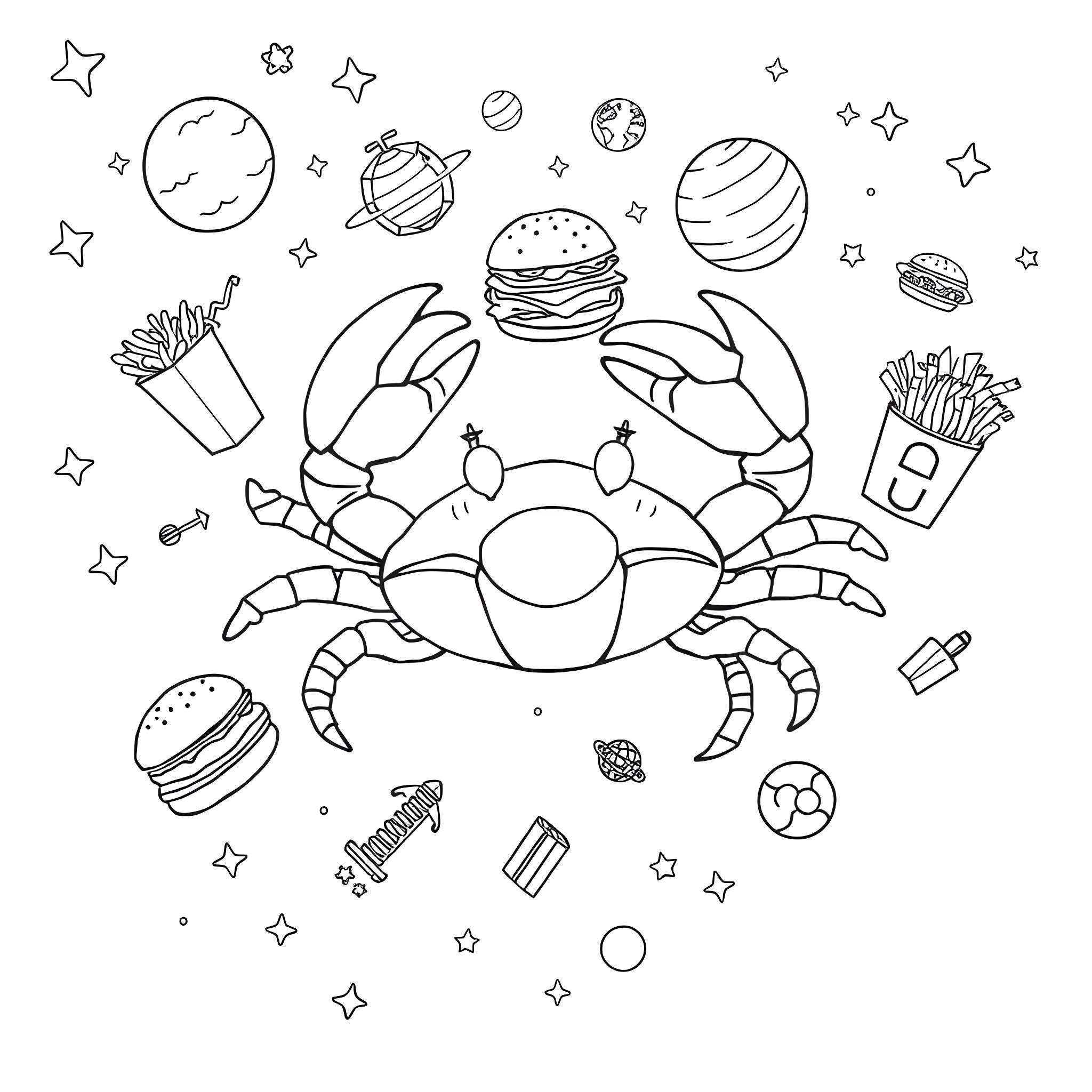 Crab enjoying cosmic fast food feast Coloring Page (free black-and-white line drawing printable PDF for all, from beginners to advanced learners, including children, teens, adults, and seniors)