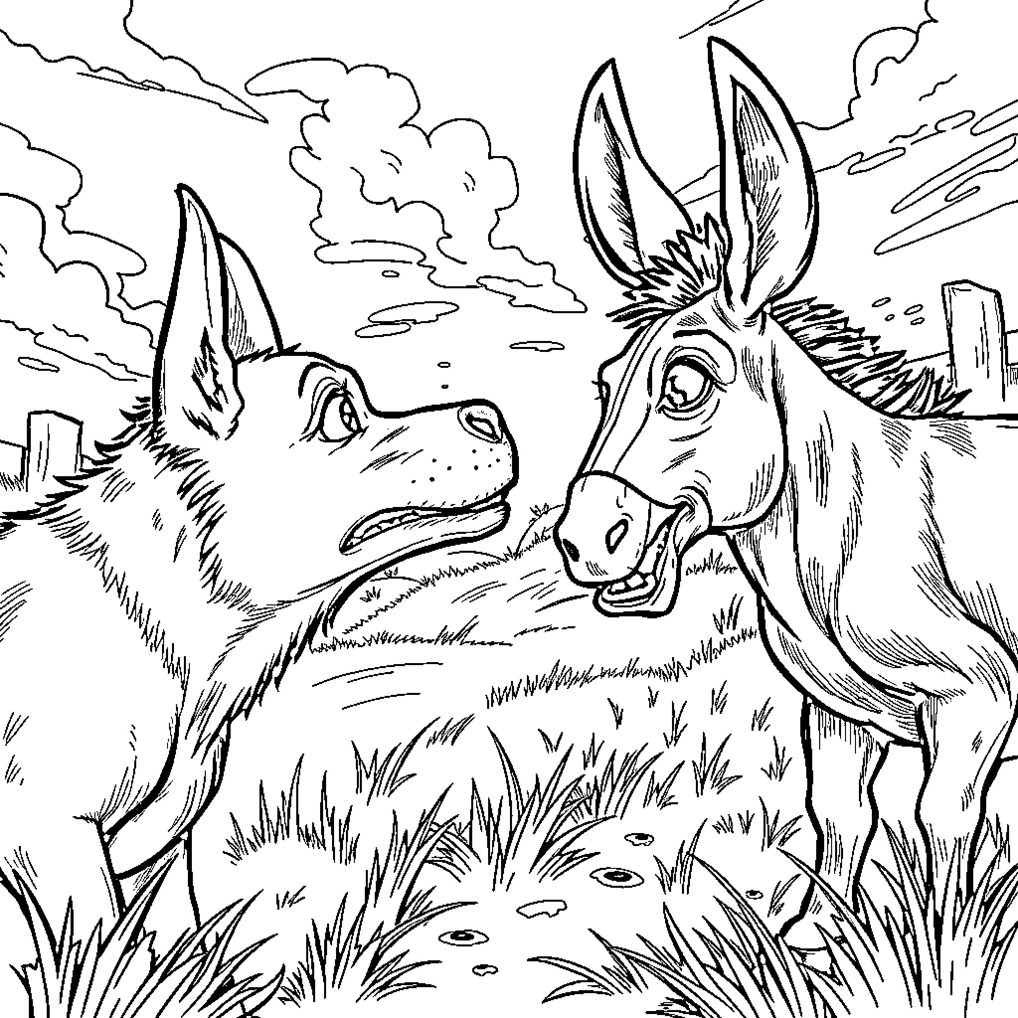 Dog and Donkey Interacting in a Scenic Landscape Coloring Page (free black-and-white line drawing printable PDF for all, from beginners to advanced learners, including children, teens, adults, and seniors)